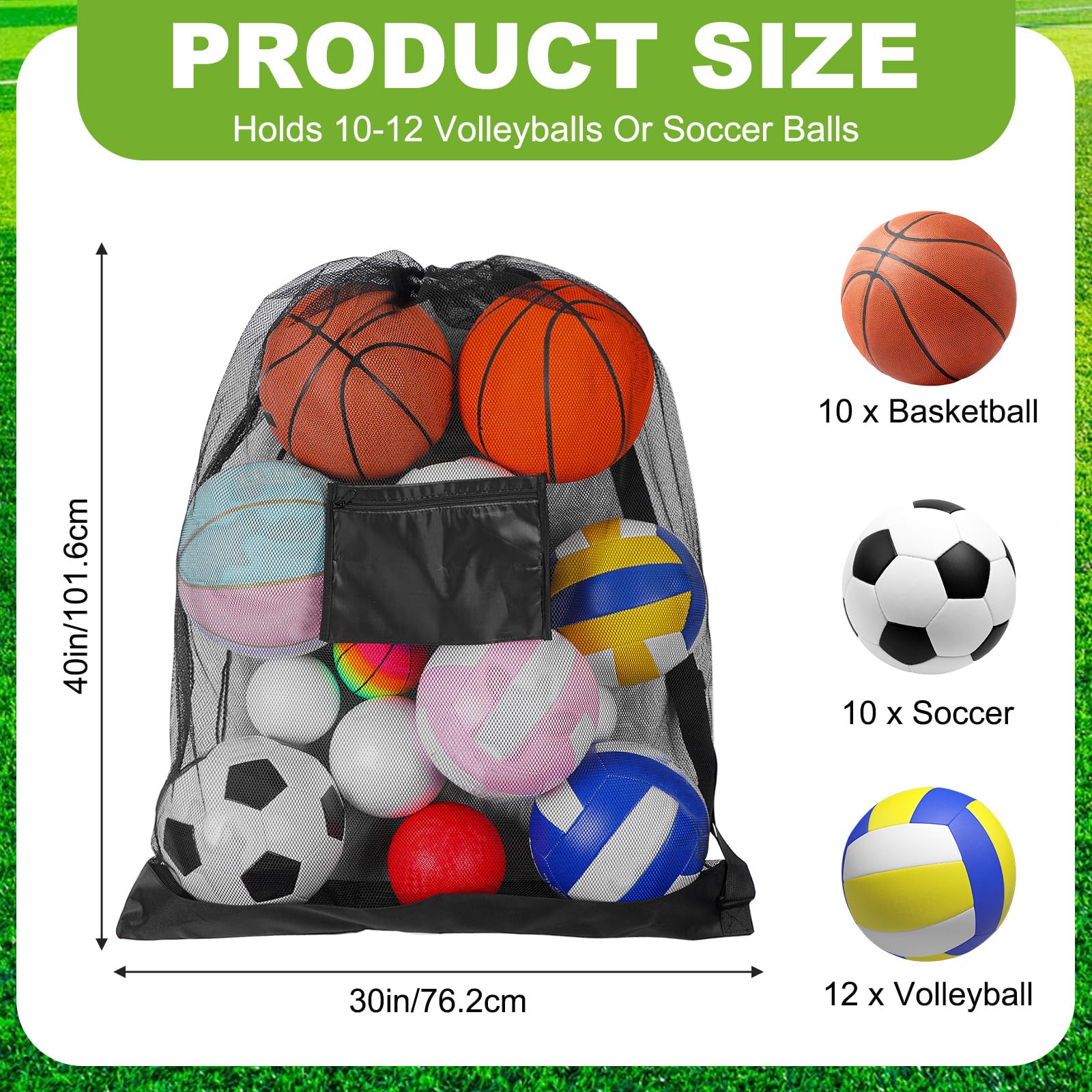 cobee Lot de 6 sacs de ballon de sport extra larges en maille avec poche et cordon de serrage et bandoulière réglable pour équipement de football, volley-ball, natation, 76,2 x 101,6 cm