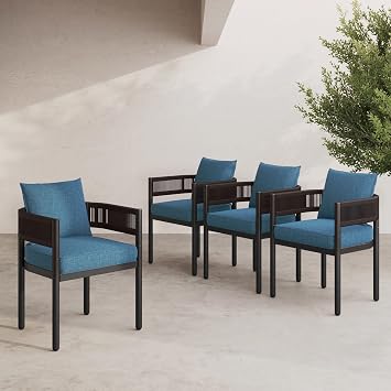 Grand patio Outdoor Dining Chairs Set of 4, 4 Pieces Patio Dining Chairs, Metal Woven Wicker Fixed Patio Chairs with Peacock Blue Cushions for Backyard, Deck, Garden, Porch, Lawn and Poolside Brown