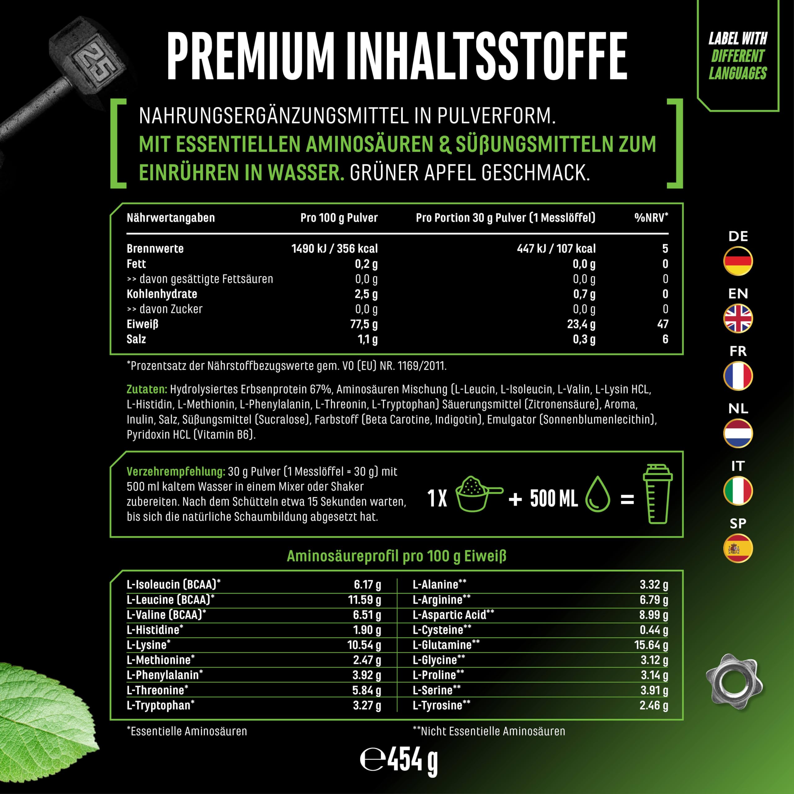 ClearPea® - Clear Protein Vegan - Lecker & erfrischender veganer Eiweiß-Shake - Veganes Eiweißplulver aus Erbsenproteinhydrolysat Pepitde - Clear Whey Alternative (454g, Green Apple)