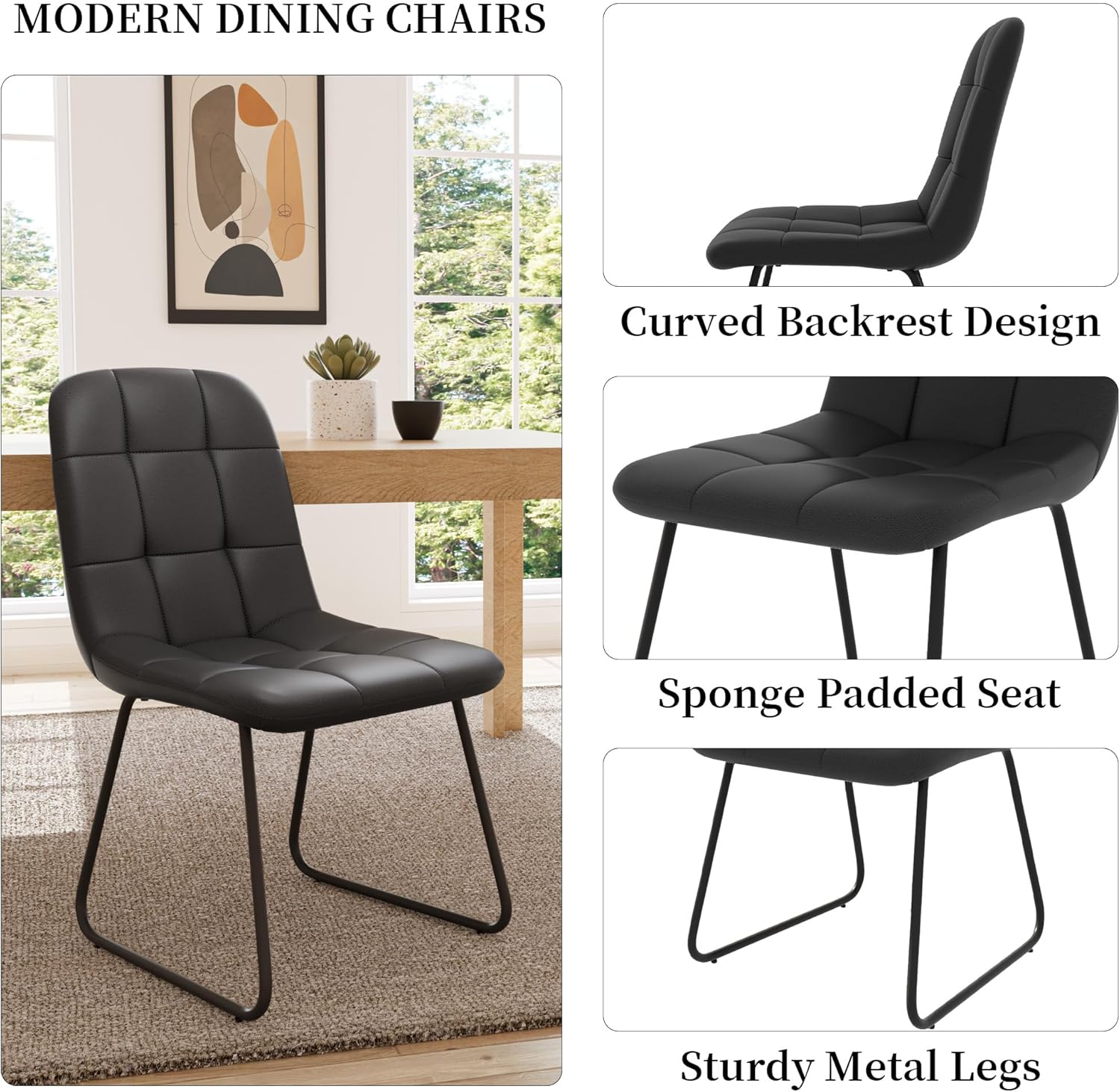 Image detailing the features of the modern dining chairs, including the curved backrest, sponge padded seat, and sturdy metal legs.