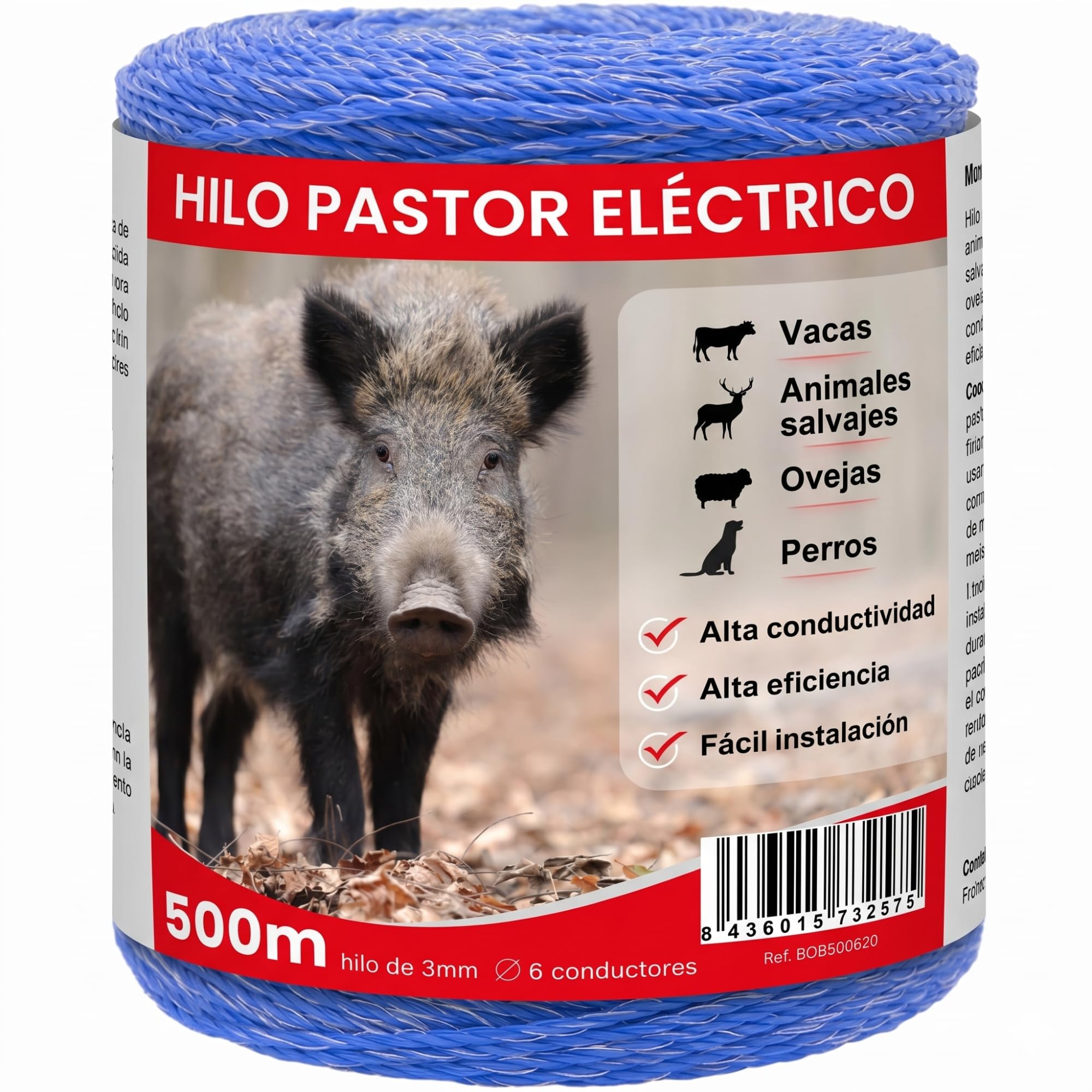 Llampec Hilo Pastor Eléctrico 500 m x 3 mm Azul – Cinta 6 Conductores Acero Inoxidable – Alta Conductividad y Resistencia UV – Cable Valla Eléctrica para Caballos, Vacas y Perros – Bobina Pastor