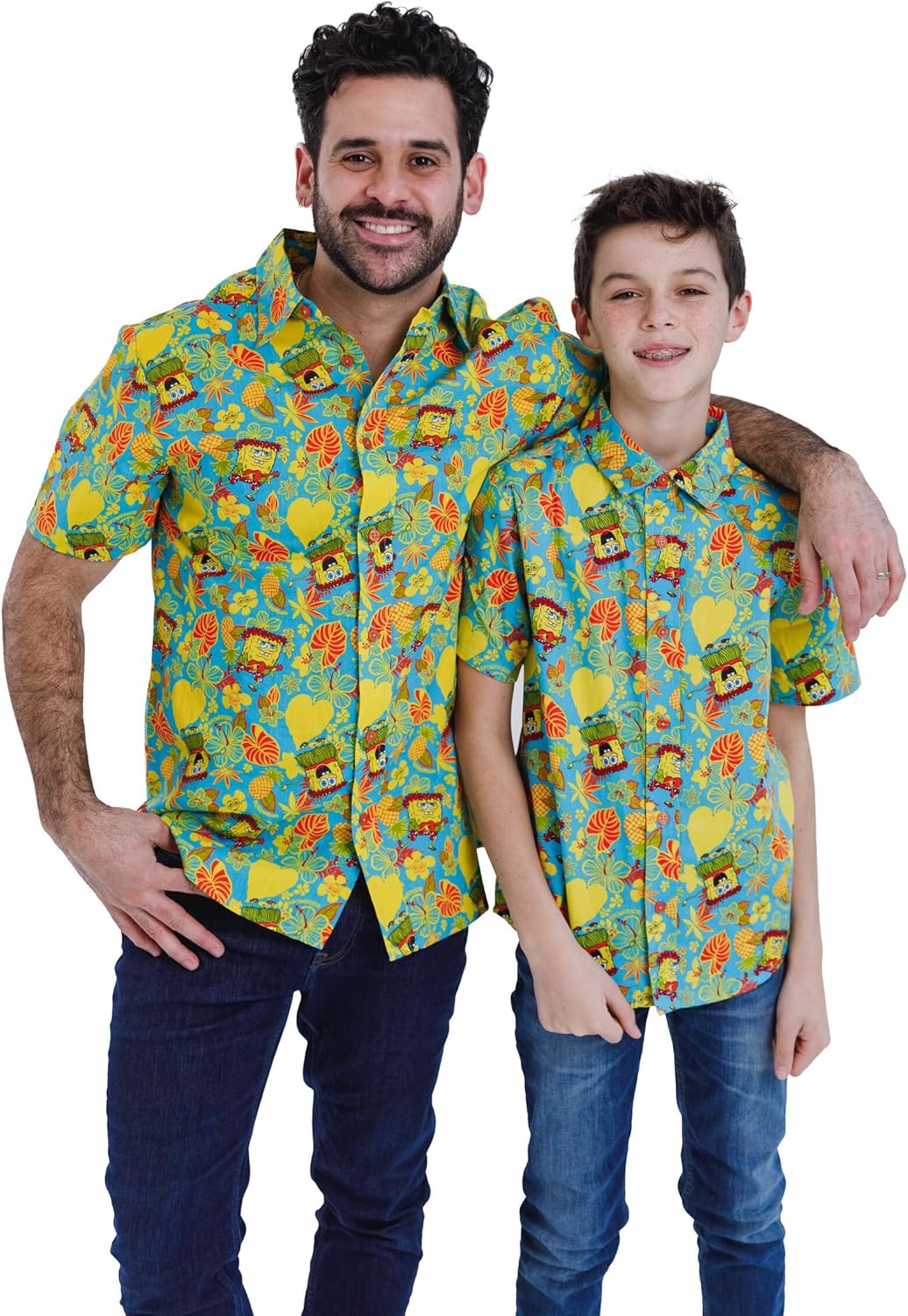 SPONGEBOB SQUAREPANTS Hawaiian Adult Matching Family Hawaiian Button Down Shirt Sizes (X-Small - 2XL)