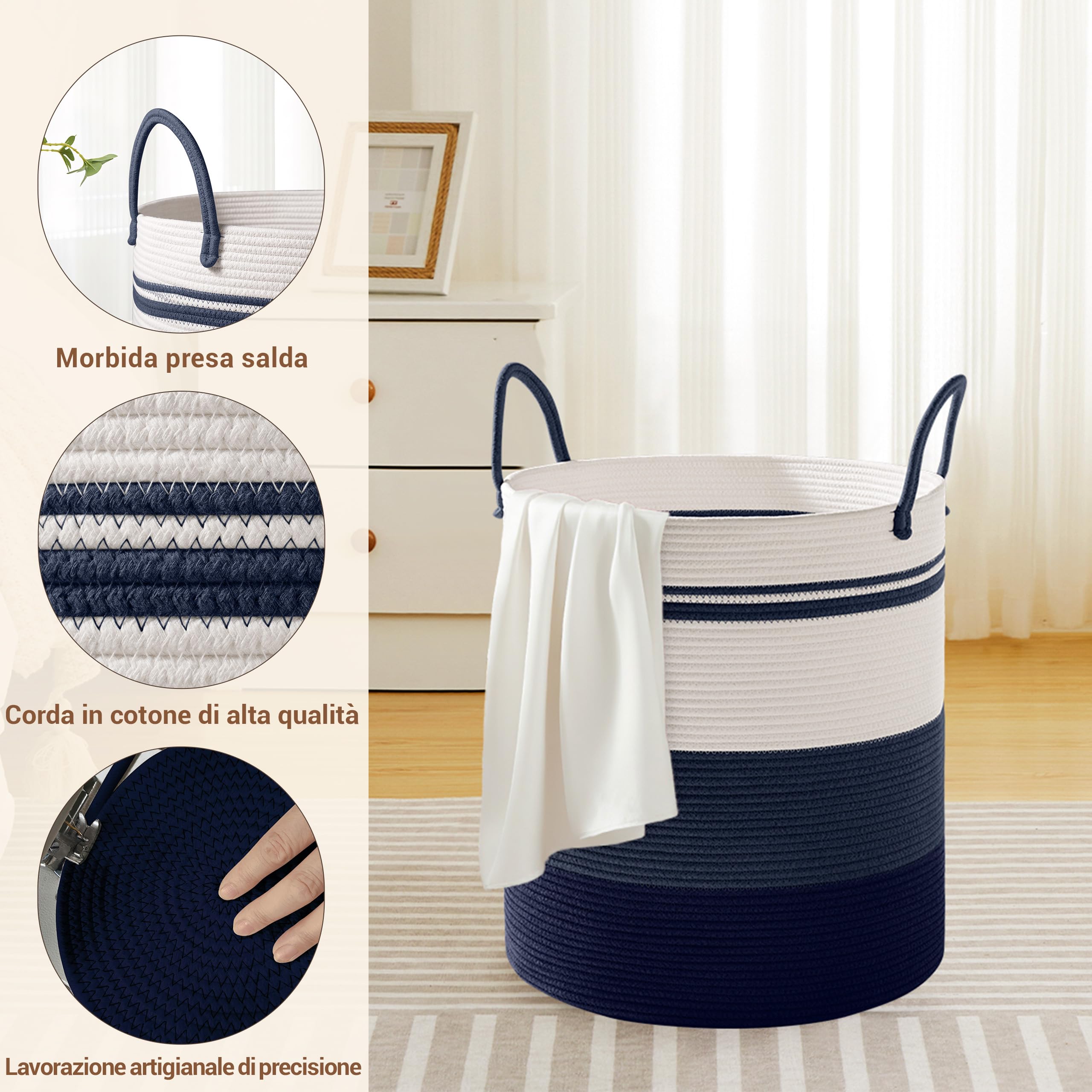 Cesto Portabiancheria Piccolo in Corda di Cotone Intrecciata 38x45cm - Cesto di Raccoglimento Pieghevole con Manico - Per Biancheria e Coperte - 53L Sfumatura Blu Marino