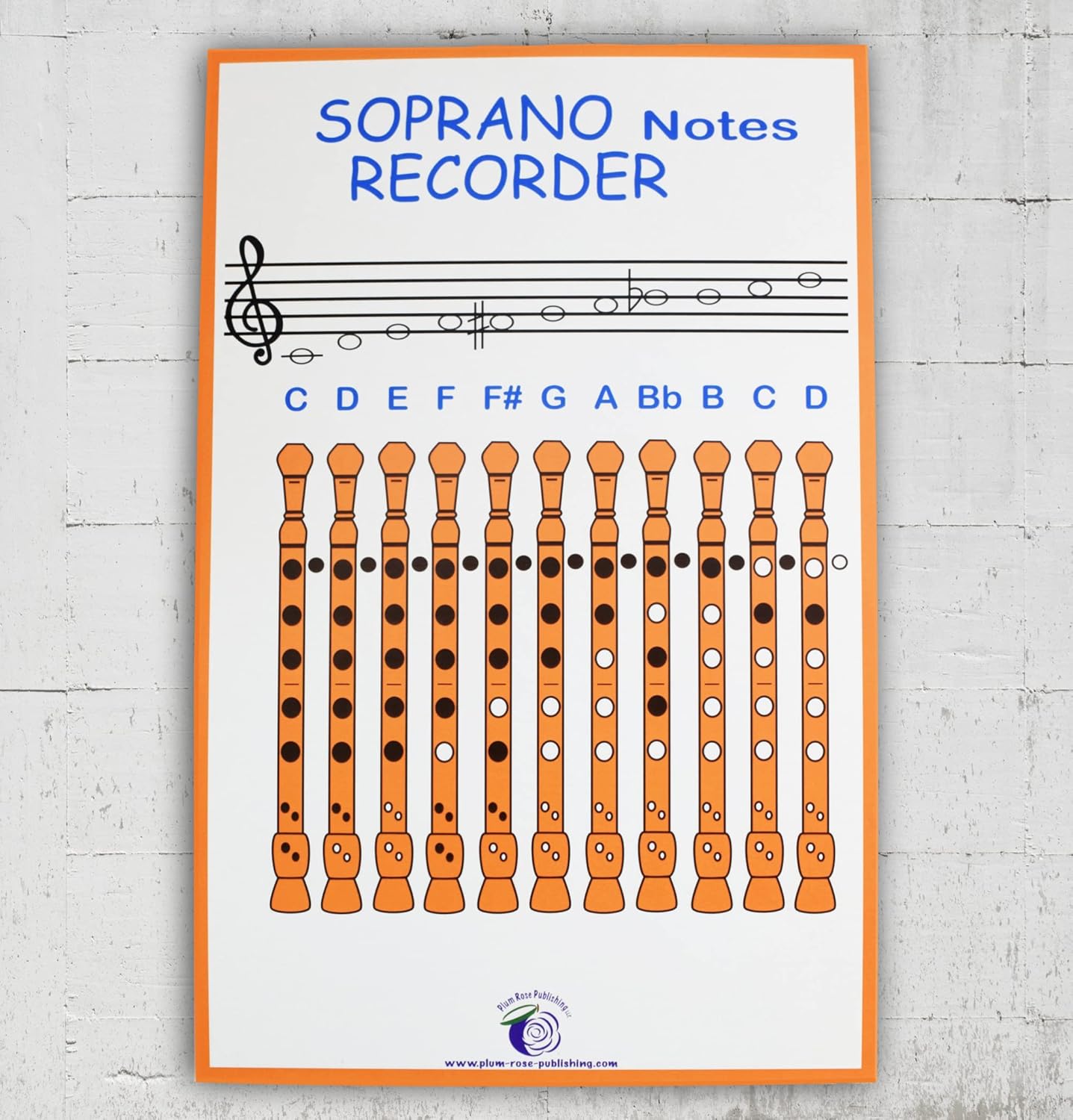 PLUM ROSE Rainbow Recorder Finger Chart (11x17) - Learn to Play - Orange