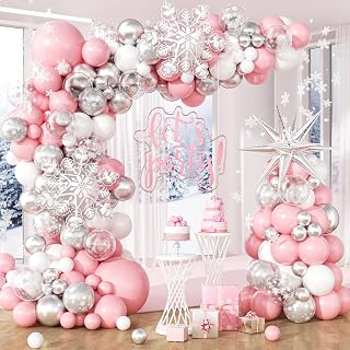 153pcs Snowflake Balloon Arch Kit, Pink Silver and White Balloons Clear Snowflake Pearl Silver Print Balloons for Pink Winter Wonderland Christmas Baby Shower Birthday Party Decorations