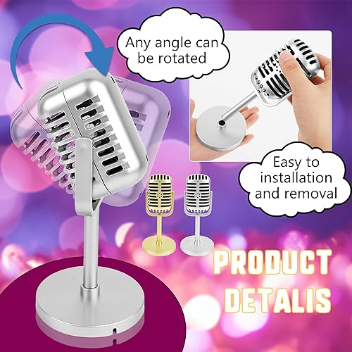 Miniatura 3 de Paquete de 6 micrófonos de estilo retro, modelo de micrófono falso dorado con soporte clásico vintage de plástico para Halloween, juego de rol, hip