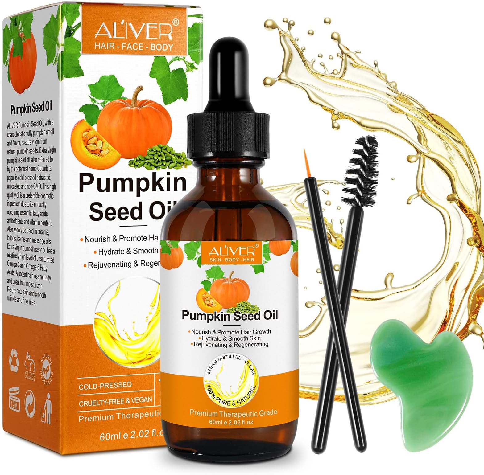 Pumpkin Seed Oil with Gua Sha Facial Tools for Hair Growth,60ML,100% Pure RAW Cold Pressed Pumpkin Seed Oil For Anti Aging Wrinkle,Massage Oil,Hair and Scalp Care,Vitamin E Oil For Skin
