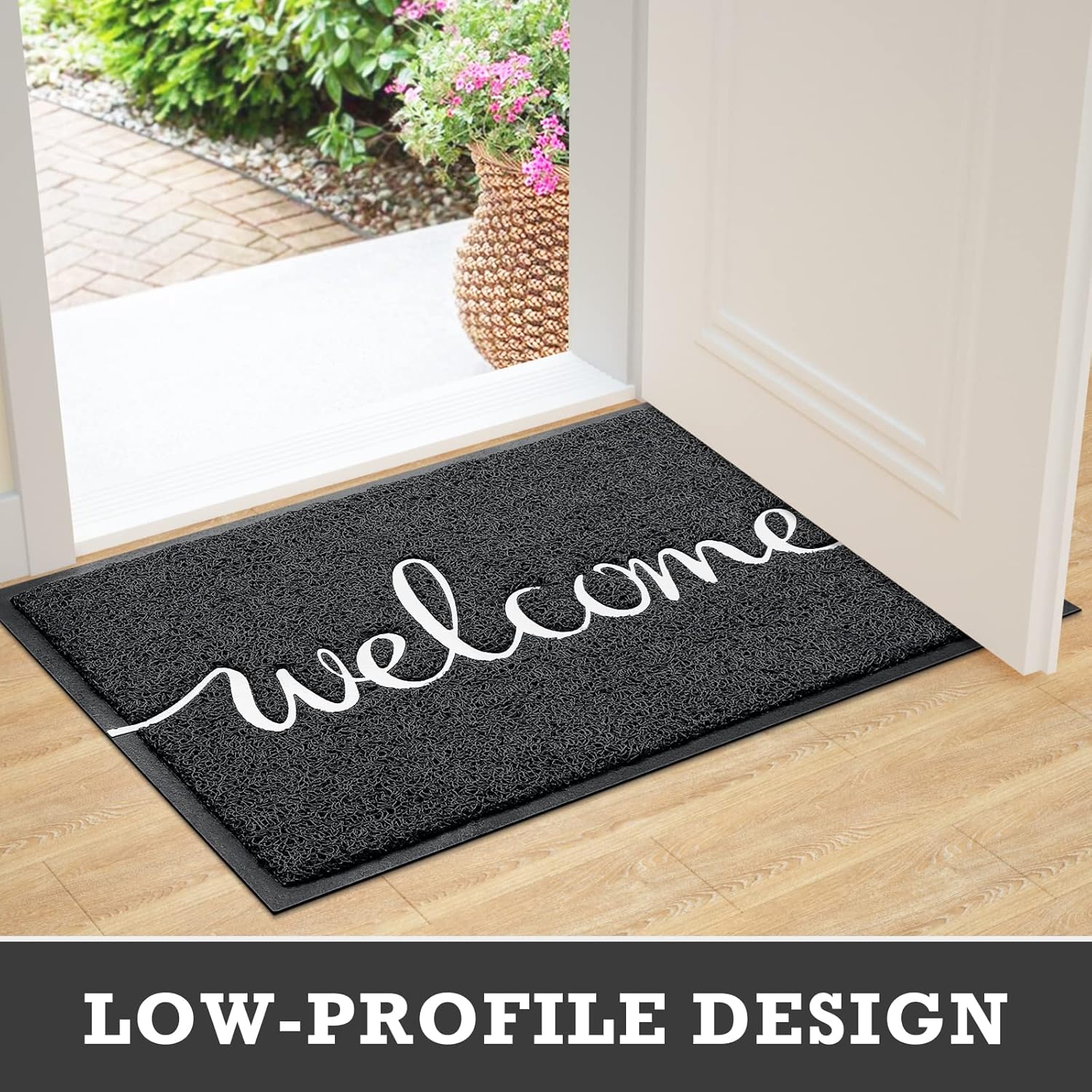 Door Mat Welcome Mats Outdoor Indoor Non-Slip Doormat for Entryway Low-Profile Floor Mat for Yard, Garage, High Traffic Areas (32"x20", Black)
