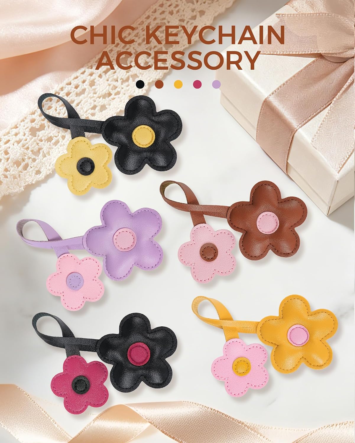 Fmeida Floral Bag Charms PU Leather Keychain for Women Cute Flower Keychain Accories for Handbag,Purse,Backpack