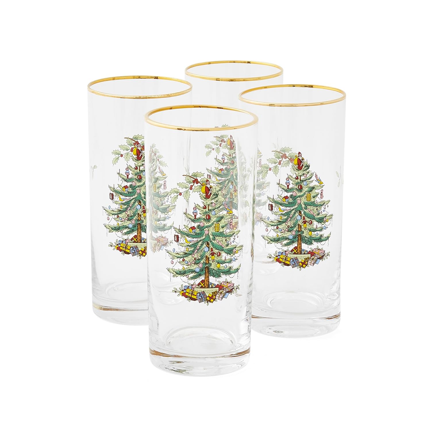 Spode Christmas Tree 15oz Highball Glasses Set of 4 - Gold-Rimmed Elegant Holiday-Themed Glassware Festive Holiday Drinkware for