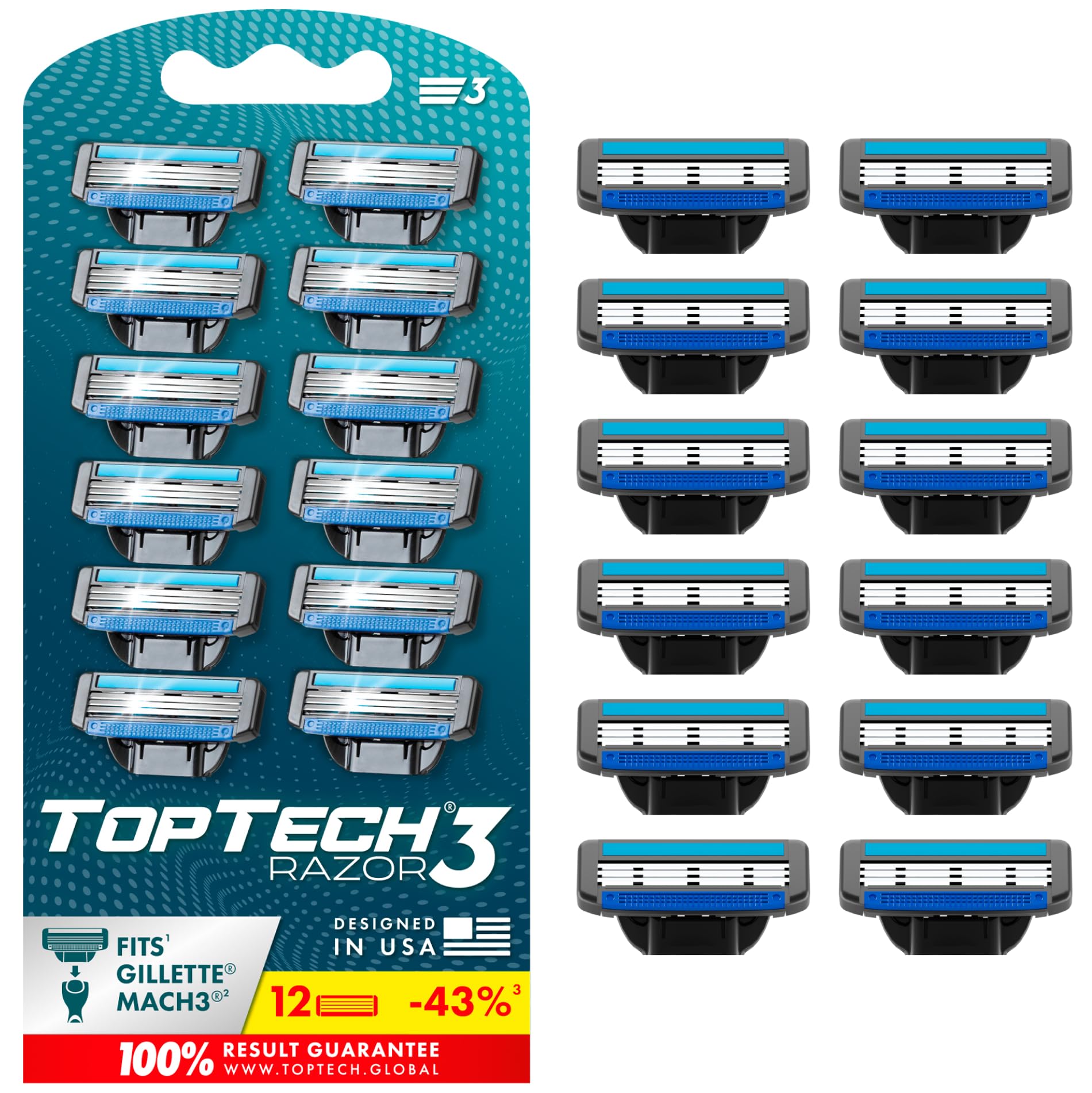 Razor 3 for Men - Replaceable Cartridges for Manual Shaving Razor - 3-Blade Technology Refills - Fits Gillette Mach3 - Soft Shave Sharp Blades - Cost-effective Refill (12 refills)