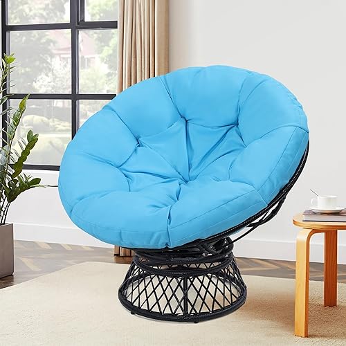 Miniatura 6 de Silla Papasan de ratán gigante de 44 pulgadas con cojín y marco para adultos, giratoria fluida de 360, impermeable, marco negro con cojín beige