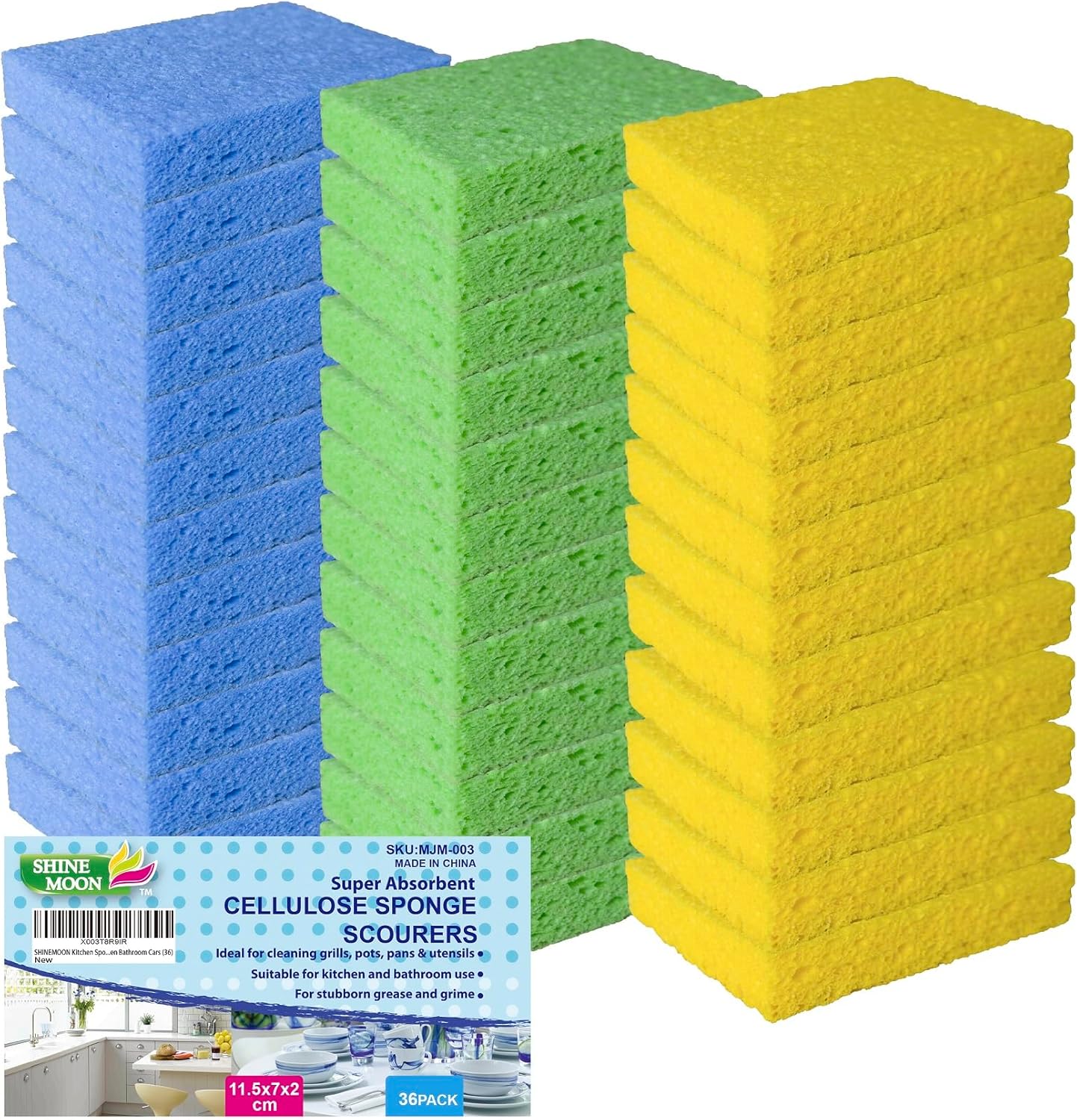 36 Pk Pop-Up Compressed Cellulose Sponges, Heavy Duty Scrub Kitchen Sponge, Clean Tough Messes Without Scratching Eco Friendly Reusable Compostable&Biodegradable 11.5x7x2cm