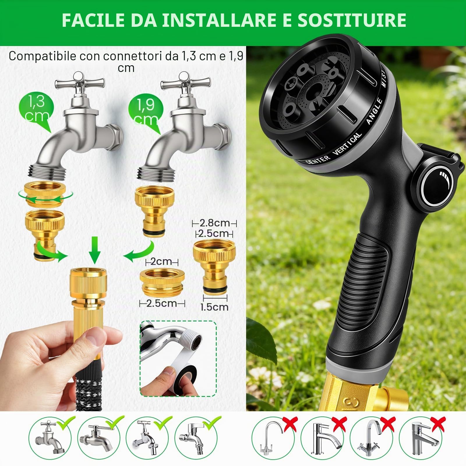 Tubo Acqua Giardino 45 Metri, Tubo Estensibile da Giardino con Adattatori da 1/2" e 3/4", Canna Acqua Giardinos con 10 Funzioni Pistola e Gancio per Lrrigazione Giardinaggio Autolavaggio