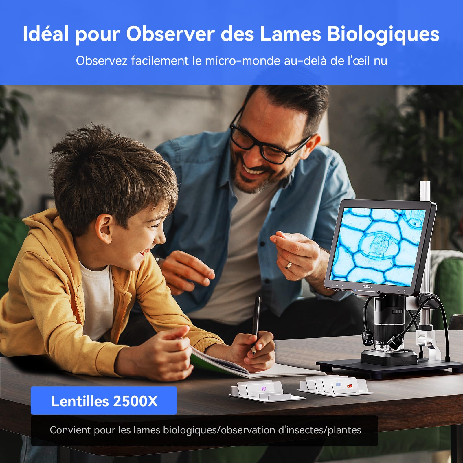 TOMLOV TriL110 3 lentilles Microscope numérique 2K, 2500X Loupe pour pièces entières avec écran IPS 10,1", Cadeau pour Adultes/Enfants, 14 lumières LED, Compatible PC/TV, 64 Go