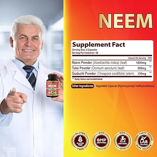 Miniatura 3 de Organic Cadane Cápsulas de suplementos de hojas de neem con albahaca sagrada Tulsi, Guduchi, 120 cápsulas vegetales | Apoya el sistema inmunológico