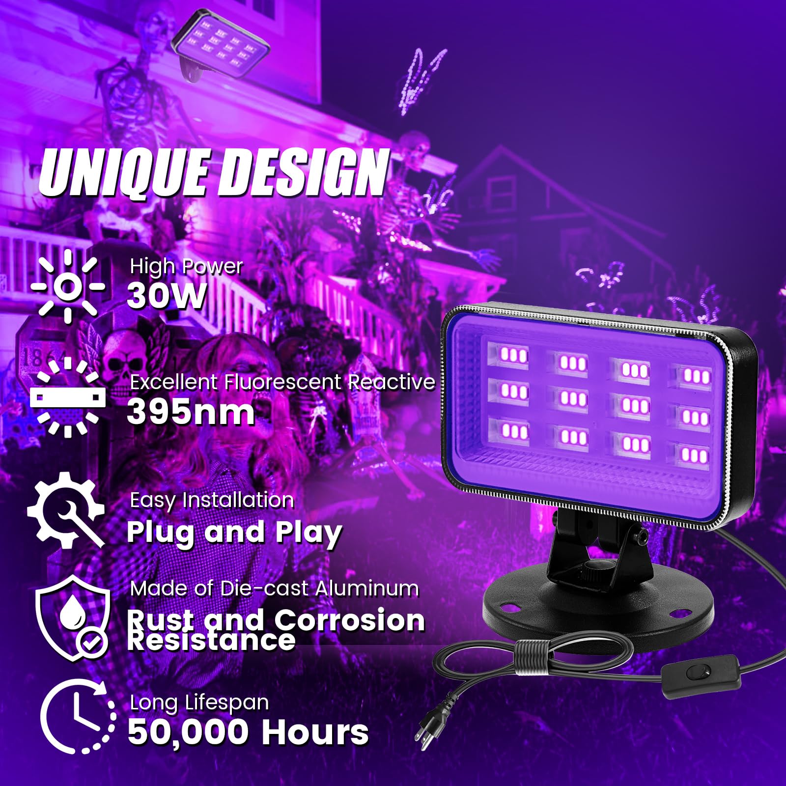 Foco de luz negra de 30 W, LED de alta potencia para exteriores, luz negra, enchufe IP66, impermeable, foco de luz negra de 395 nm para fiesta brillante, Halloween (paquete de 2)