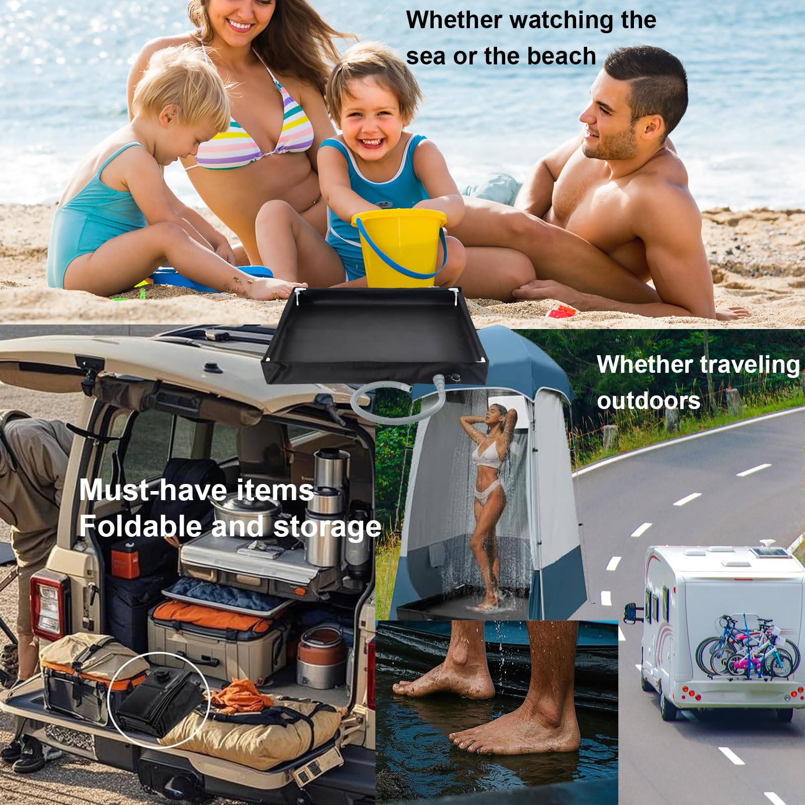 Genérico Plato de Ducha portatil Plegable 80×80×10cm,Base Plegable Impermeable PVC+Oxford,Drenaje Integrado,Ideal Camping,Autocaravana,Mascotas,Baños temporales,Transporte fácil,Uso Exterior,Antimoho