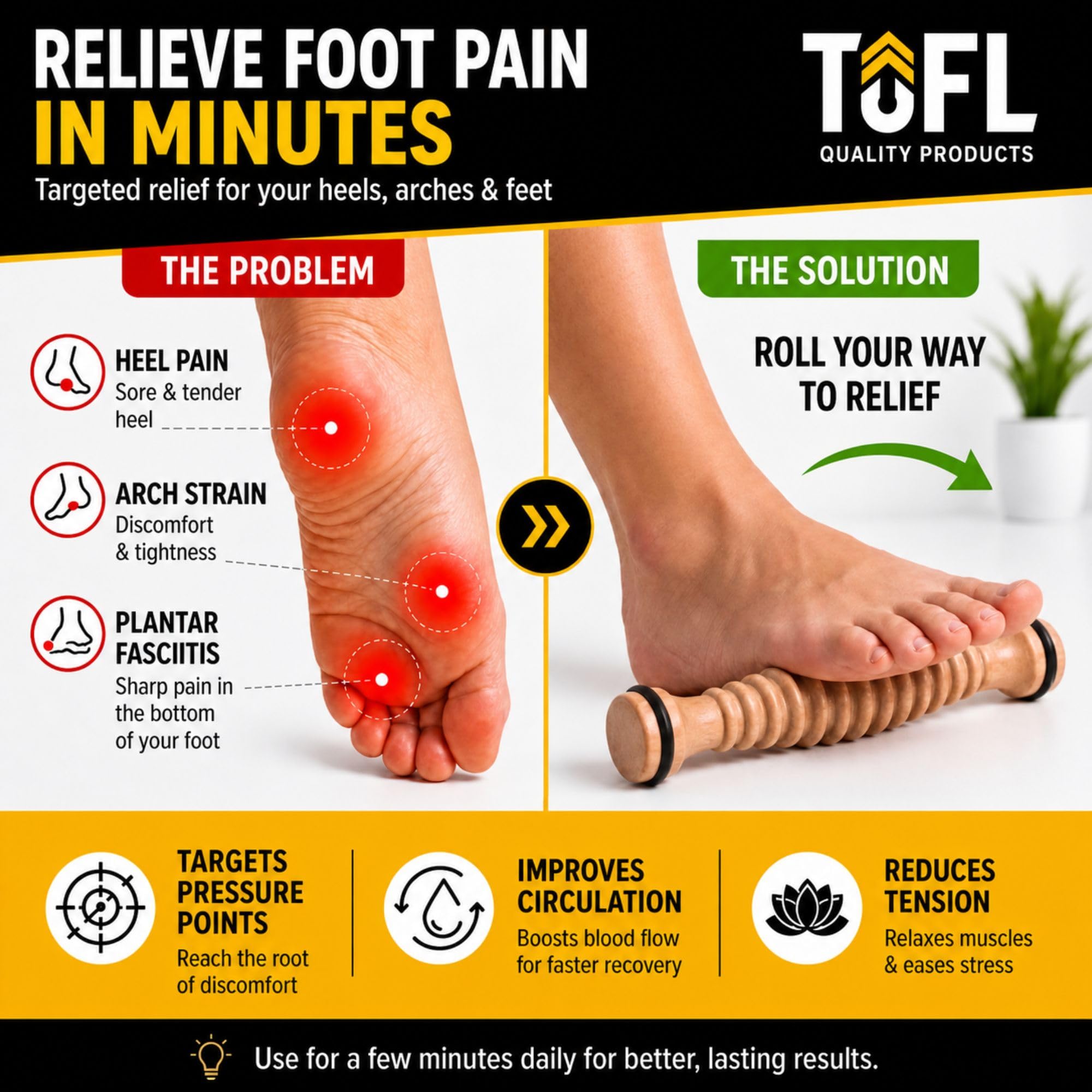 TOFL - Masajeador de pies de madera - Rodillo de masaje de reflexología de acupresión natural para relajación y alivio del estrés