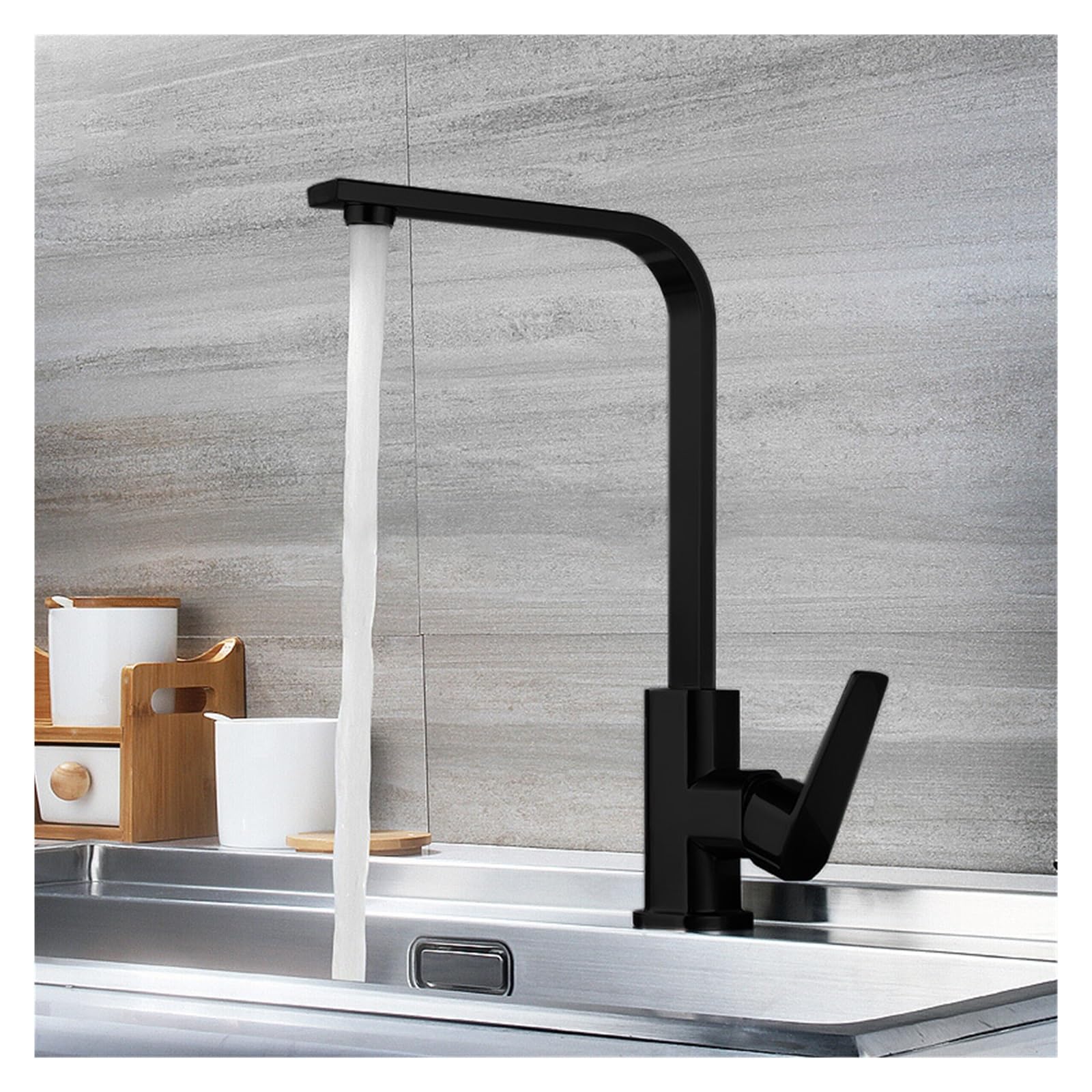 ZQFHSX Kitchen Sink Faucet, Bathroom Faucet Fine Copper Hot and Cold Rotating Black Square Touch On(Electroplating)