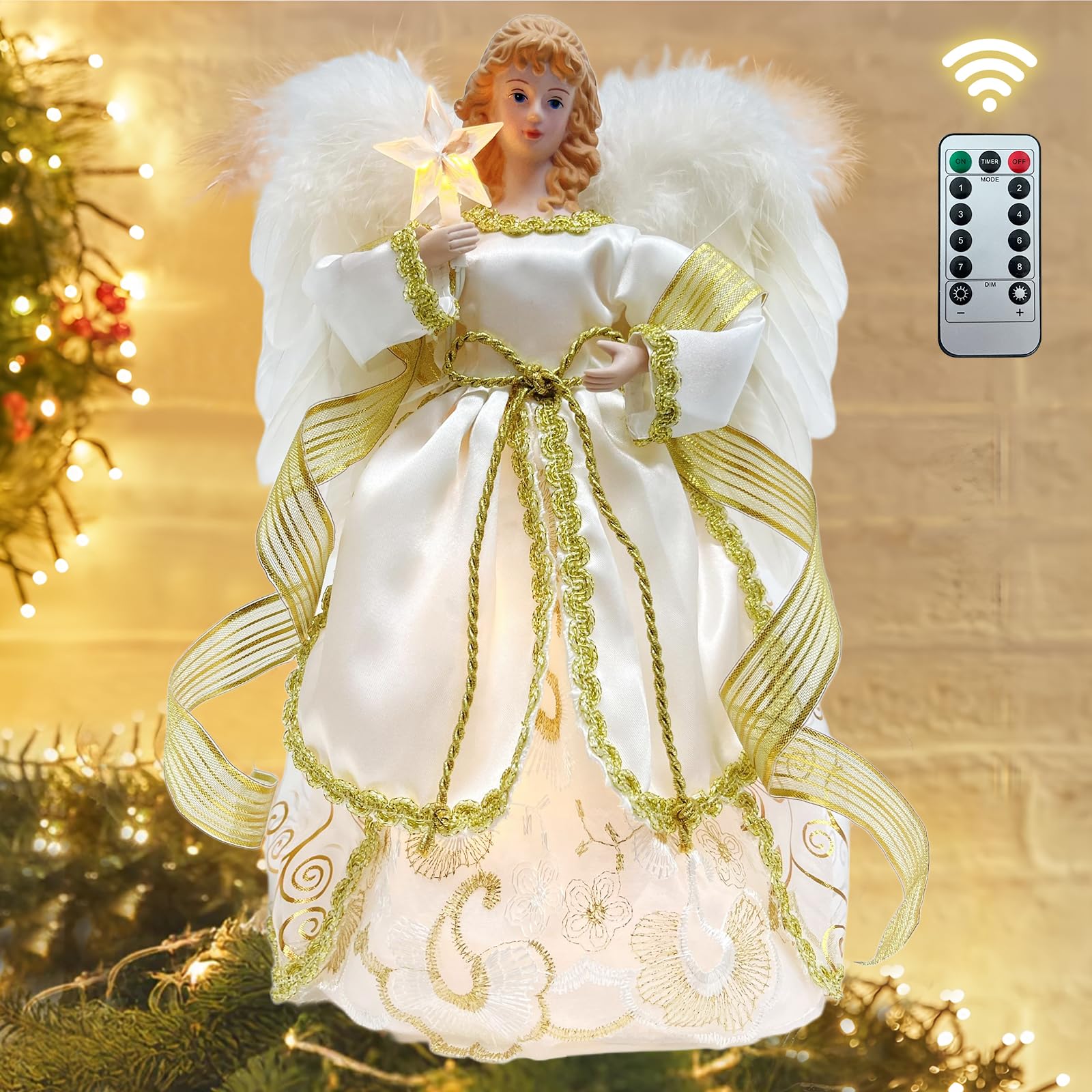 Cimier de sapin de Noël avec lumières 8 modes et minuterie, 30,5 cm, avec télécommande, fonctionne à piles, ailes en plumes blanches et étoile lumineuse