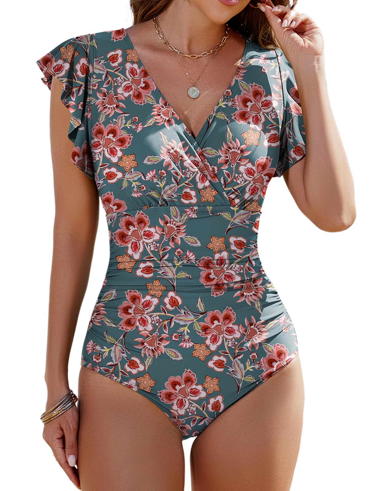 Yuson Bañadores Mujer de Una Pieza Reductores Cuello en V Fruncido Trajes de Baño Sexy Monokini Talla Grande