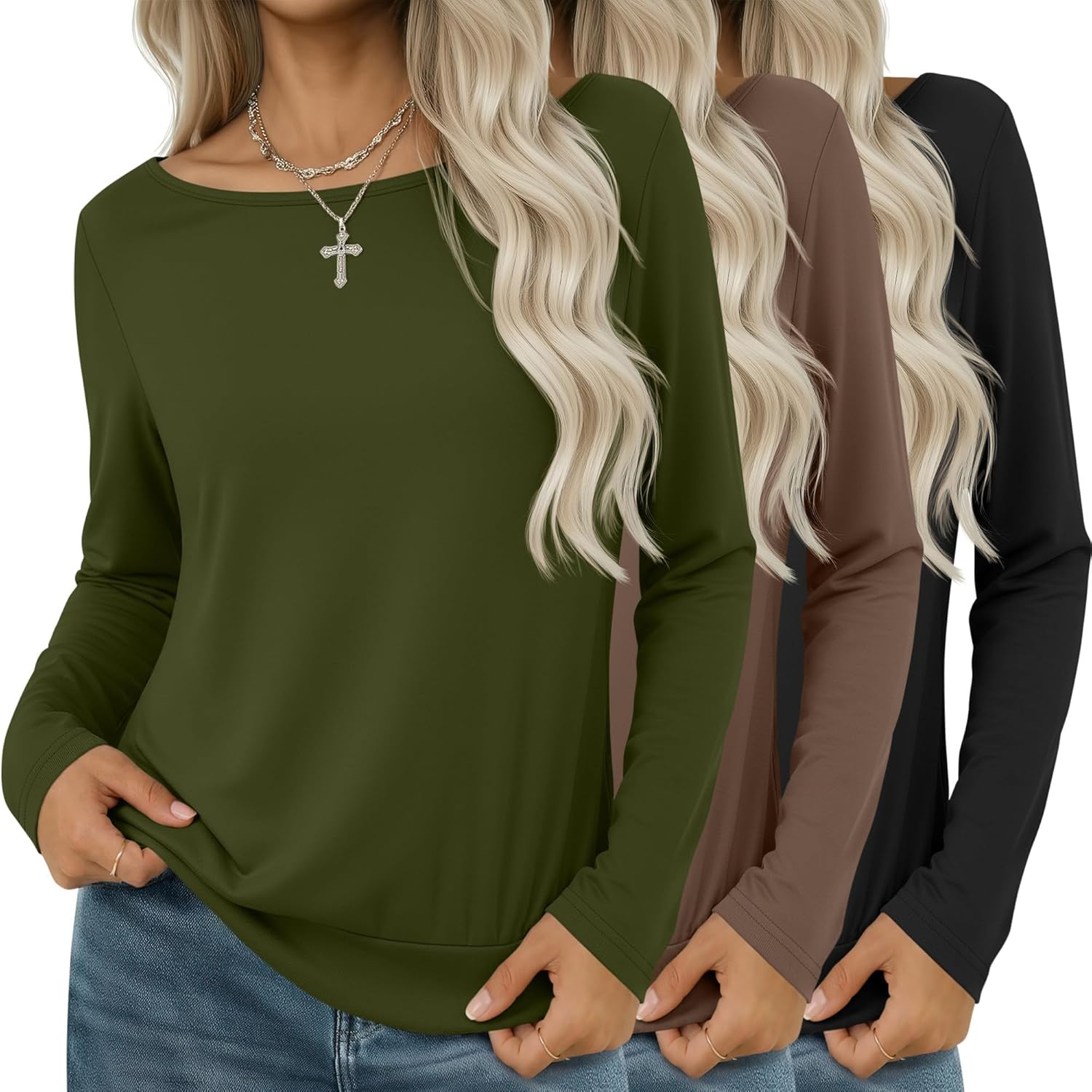 3 Pack Women's Boat Neck Shirts Long Sleeve Banded Bottom Tunic Tops Loose Fit Fall Casual Basic Layering Tees
