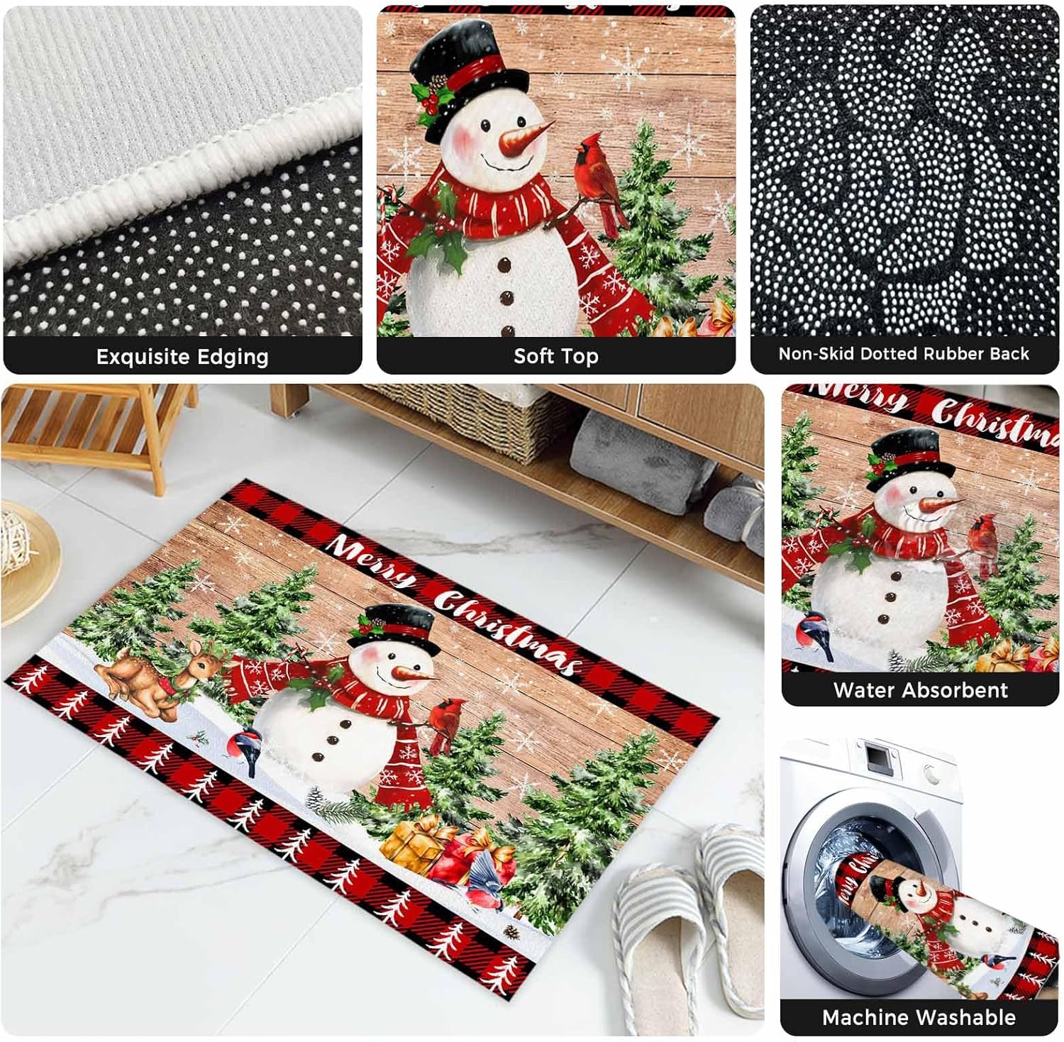 Christmas Snowman Doormat 16 x 24 Inch Christmas Tree Welcome Entryway Rugs Elk Deer Front Door Mat Black Red Buffalo Plaid Brown Wood Grain Absorbent Non-Slip Floor Mats for Kitchen Bedroom Bathroom