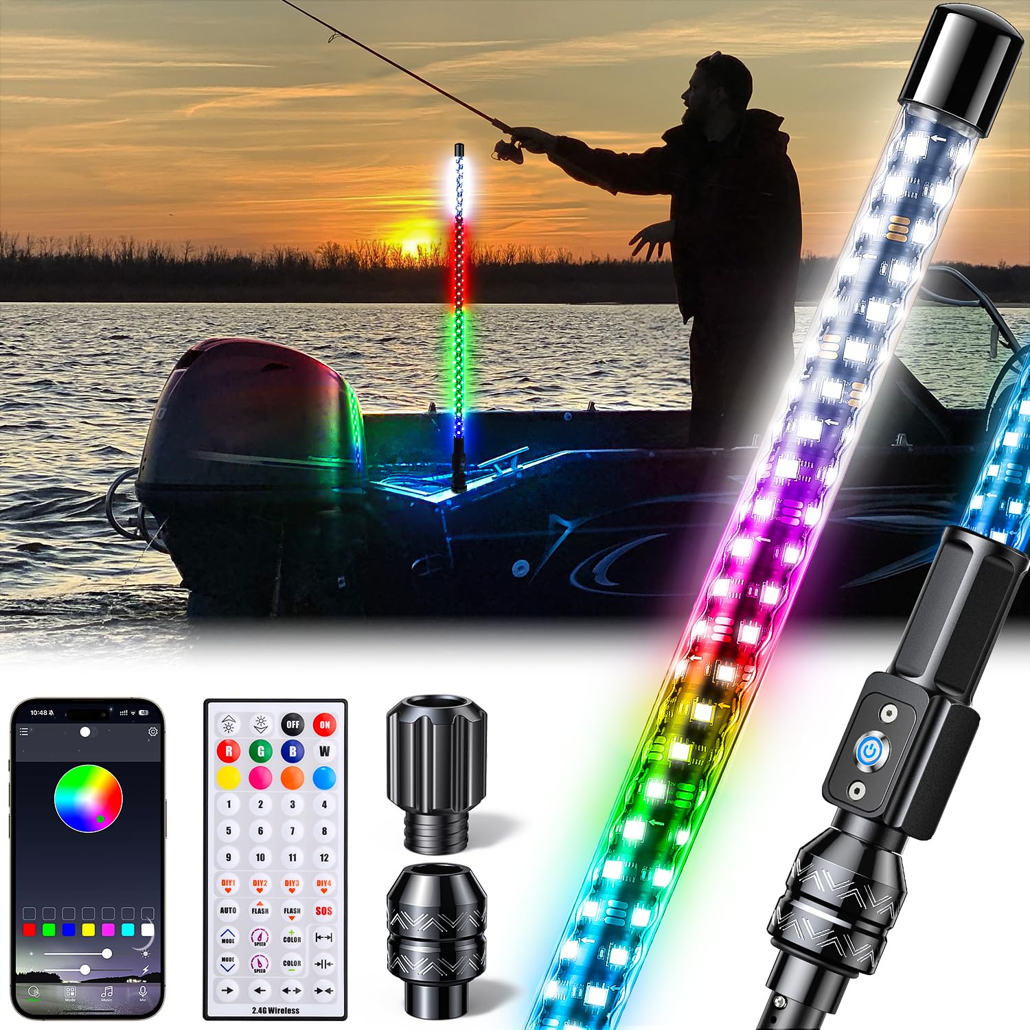 Ehaho 4FT LED Boat Navigation Light with Bluetooth APP & Remote, DIY Colors & 400+ Patterns NavLight Show Boat Whip Lights, Nav Lights Pole Anchor Running Stern Light for Boats