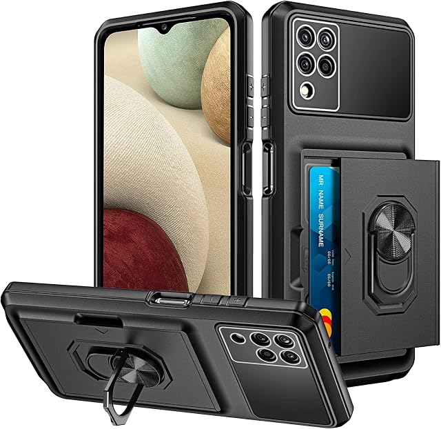 Coolden for Samsung A12/M12 Case Wallet Case with Card Holder Slot Ring Kickstand Armor Military Grade Shockproof Case Heavy Duty Protective Case Phone Case Cover for Samsung Galaxy A12/M12-Black