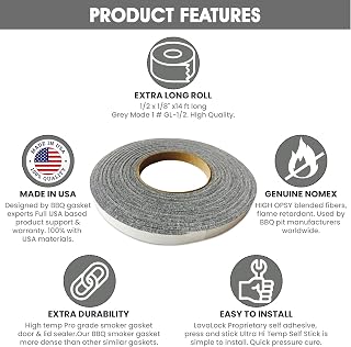 LavaLock 1/2" x 1/8" Nomex High Temp BBQ Smoker Gasket - 14ft Self-Stick Grey Seal for Lids & Doors