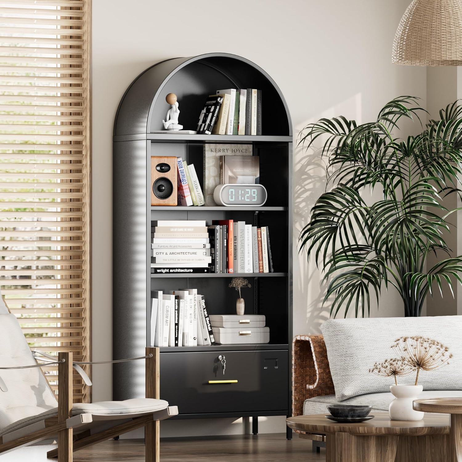 METAN Metal Arched Bookcase with Shelves and Files Drawer,Office Filing Cabinet with Lock,Letter/Legal/A4/F4 Sizes Drawer,Assembly Required,Black