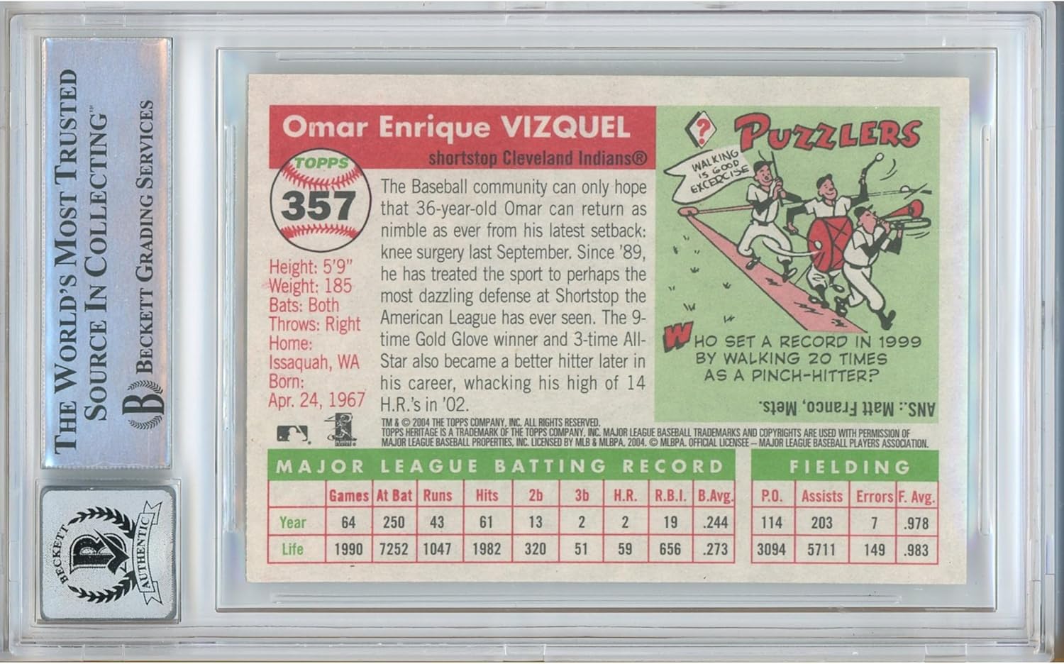 Omar Vizquel Signed 2004 Topps Heritage #357 Baseball Trading Card Beckett BGS Auto 10 Graded BAS Authentic Slabbed COA Played For Cleveland Indians Guardians Autograph Memorabilia