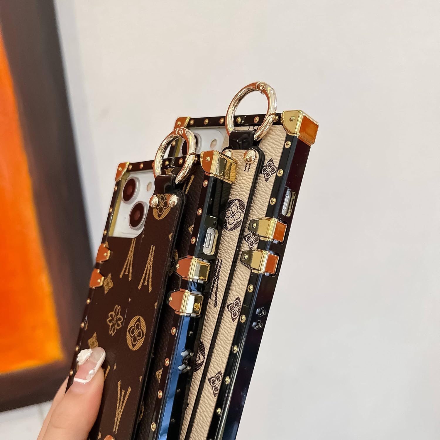 Rectangle Leather Compatible with iPhone 14 Case with Wristband Strap, Luxury Designer Case for Women Girls, Holder Kickstand Protective Cover 6.1” (Beige) - Image 4