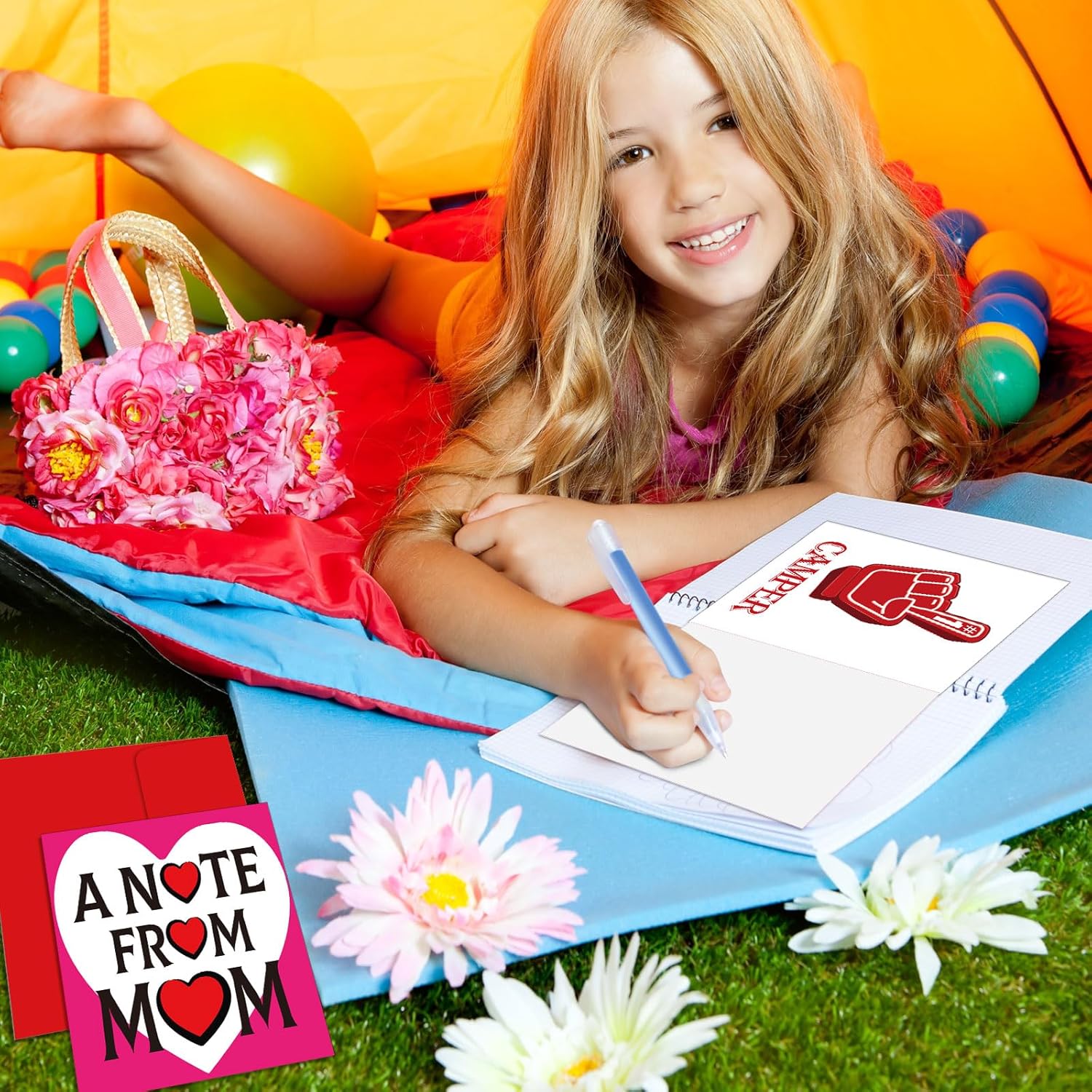 Pack of 12 Camp Greeting Card Summer Camping Cards with 12 Pcs Red Envelopes for Summer Party Office Classroom Students Family, 12 Styles