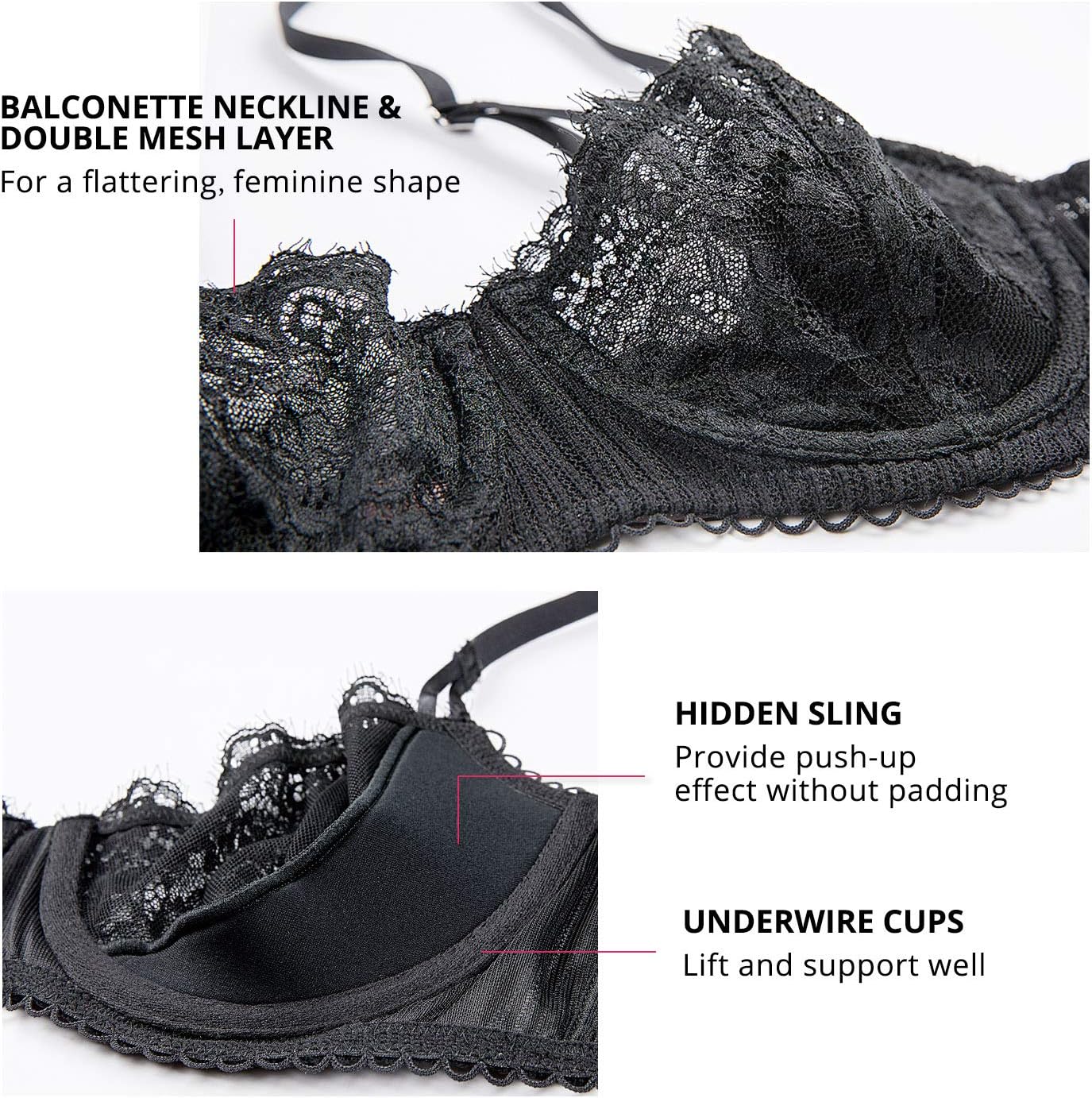 DOBREVA Women's Sexy Lace Push Up Plus Size Bra Sheer Balconette Underwire Unlined - Image 5