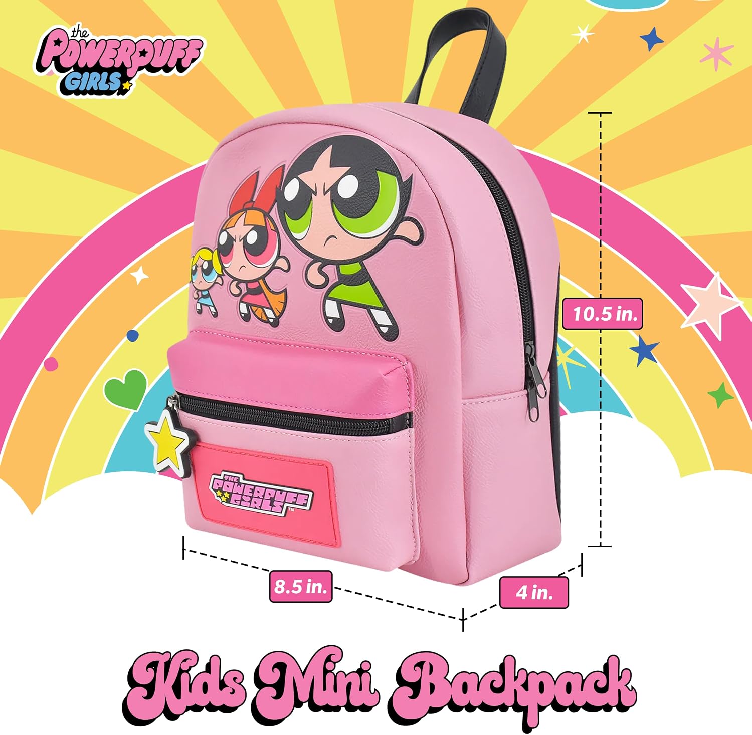 Concept One The Powerpuff Girls Mini Backpack, Blossom, Bubbles, and Buttercup Small Travel Bag Purse for Men and Women, Adjustable Shoulder Straps, Multi, 10 Inch