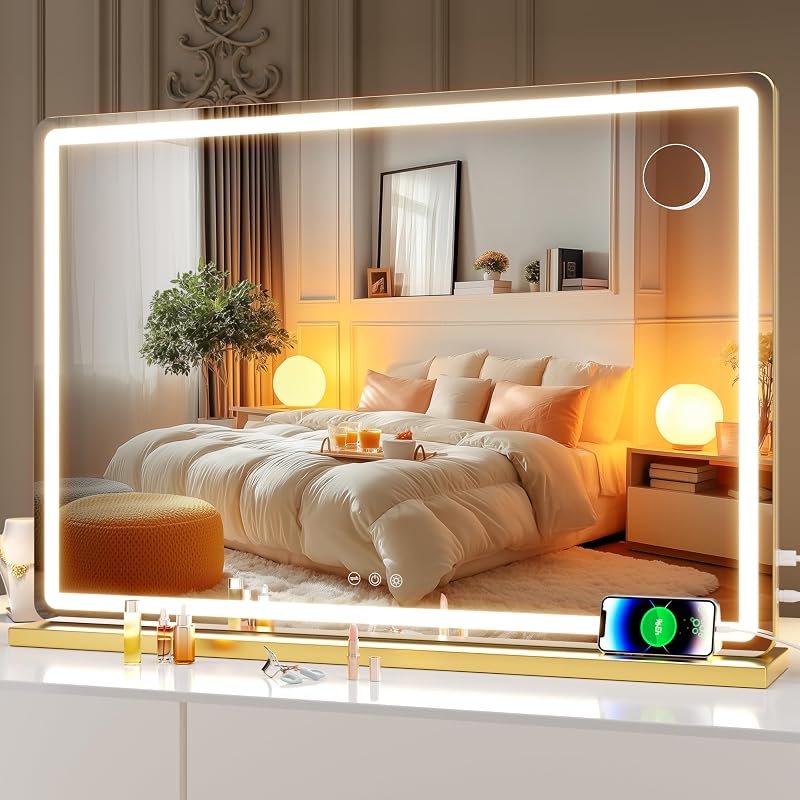 Espelho para maquiagem Hasipu com iluminação LED, controle por toque e base removível, dourado, 80,01 cm x 55,88 cm