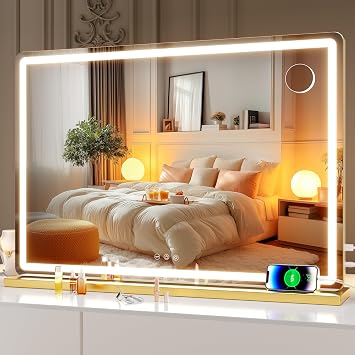 Hasipu Vanity Mirror with Lights, 31.5 x 22 LED Makeup Mirror, Lighted Makeup Mirror with Dimmable 3 Modes, Touch Screen Control Vanity Mirror Round Gold