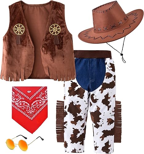 Disfraz de vaquera para niños, juego de 5 piezas para niños y niñas, juego de rol, disfraz de 3 a 10 años