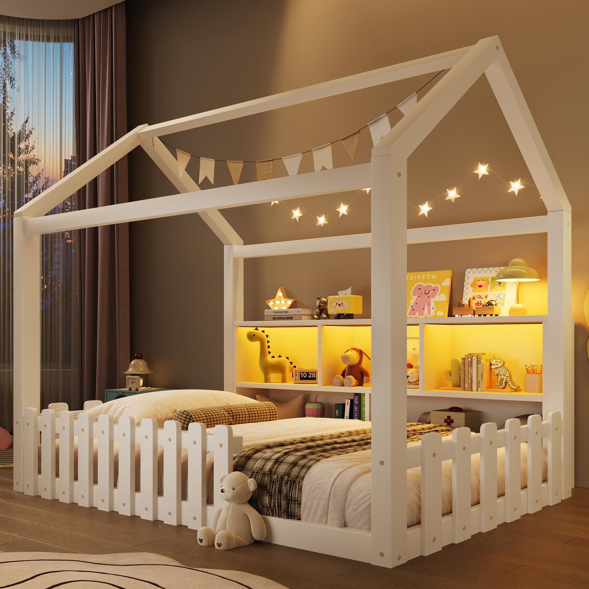 Cama infantil de 90 x 190 cm, con tira de luces LED, compartimentos de almacenamiento abiertos, listón de casa, cama de suelo Montessori con protección anticaídas y somier, cama de madera para niños y