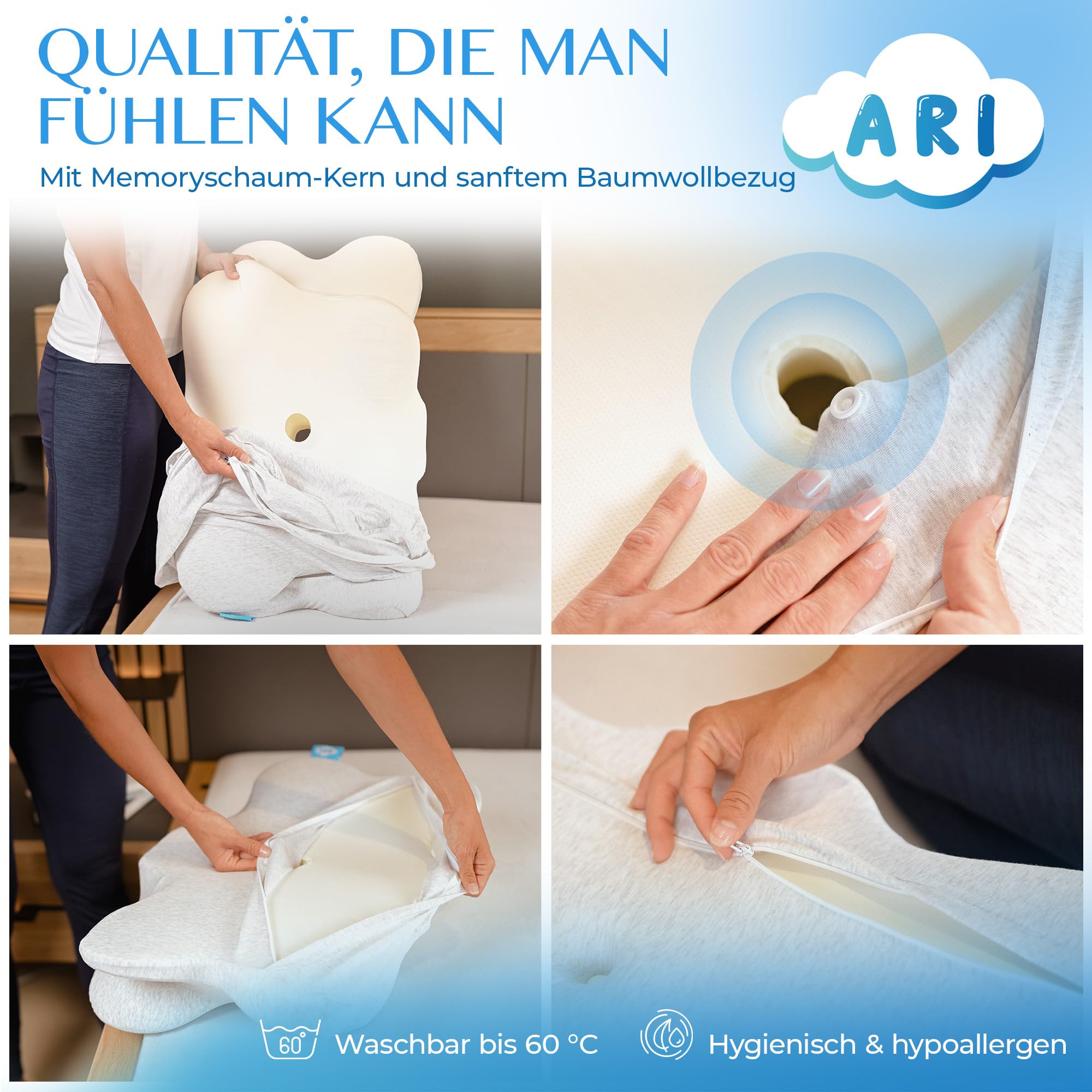 ARI Ergonomisches Nackenstützkissen-ergonomisch | Kopfkissen mit Memory-Schaum | Baumwollbezug | für Rücken & Seitenschläfer | inkl. Transporttasche & Ersatzbezug (Weiss) (Grau)