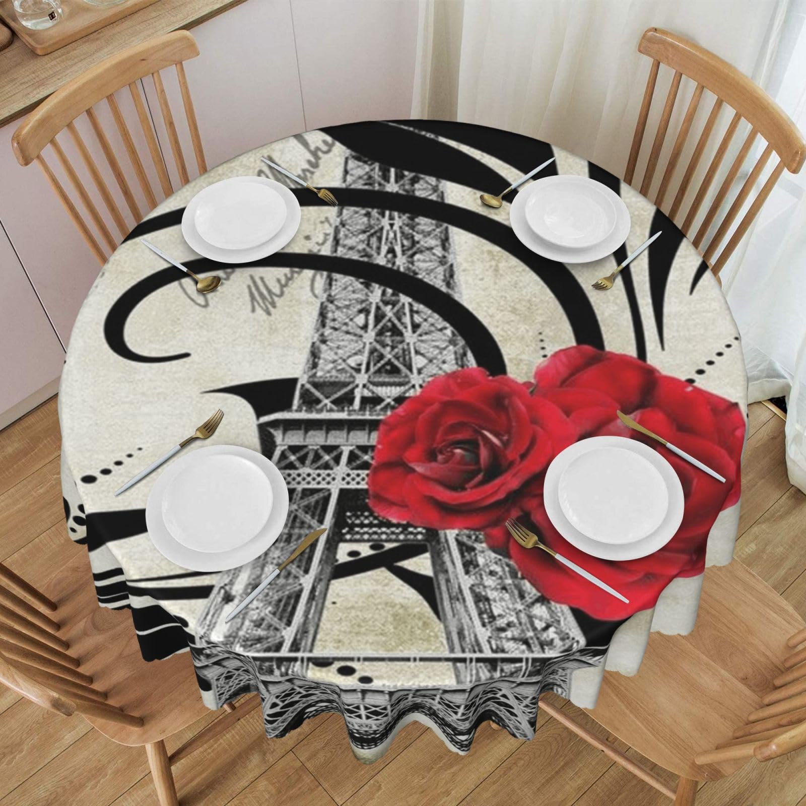 DCEHGEW 60 In Round Tablecloth with Lace, Eiffel Tower Red Rose Printed Oilproof & Washable Fabric Picnic Table Cloth Table Covers