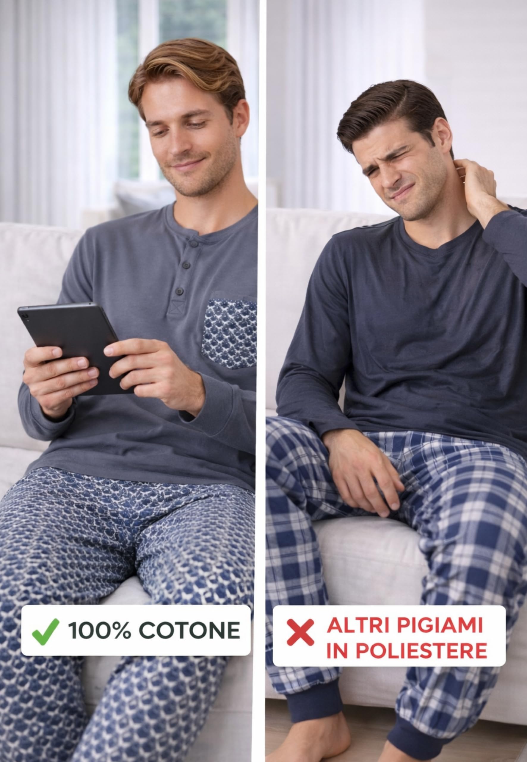 Intimitaly Vanuè - Pigiama Uomo Cotone Lungo 100%, Maglia Maniche Lunghe e Pantalone, Leggero e Traspirante, Primavera Estate