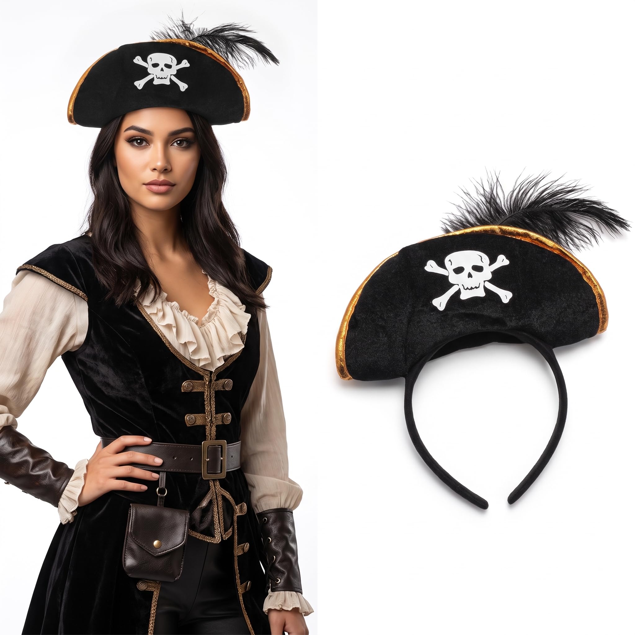 DEEPCRAFF Halloween Pirate Headband Hat with Skull Design, Captain Pirate Costume Accessory for Women Kids, Black Hairband for Cosplay Party, Stage Performance, Dress Up And Theme Events
