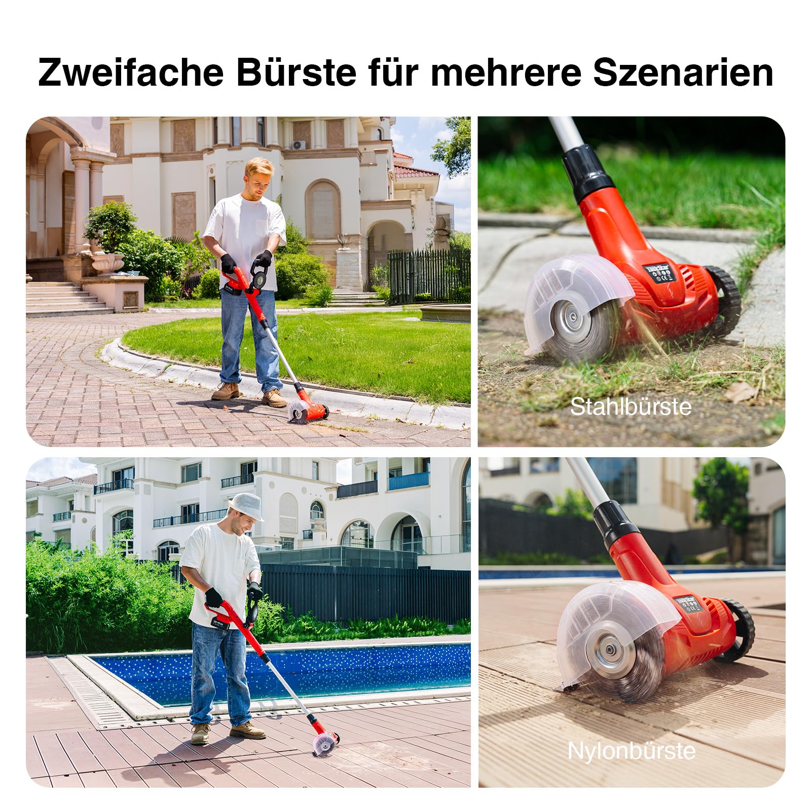 Akku Fugenreiniger 21V Unkrautbürste Elektrisch- Pflasterreiniger mit 2x 4.0Ah Akku, 120 Min. Laufzeit, Teleskopstiel 128cm für Terrasse & Gehweg, inkl. 3 Stahldraht- & 1 Nylonbürste, Fugenkratzer Set