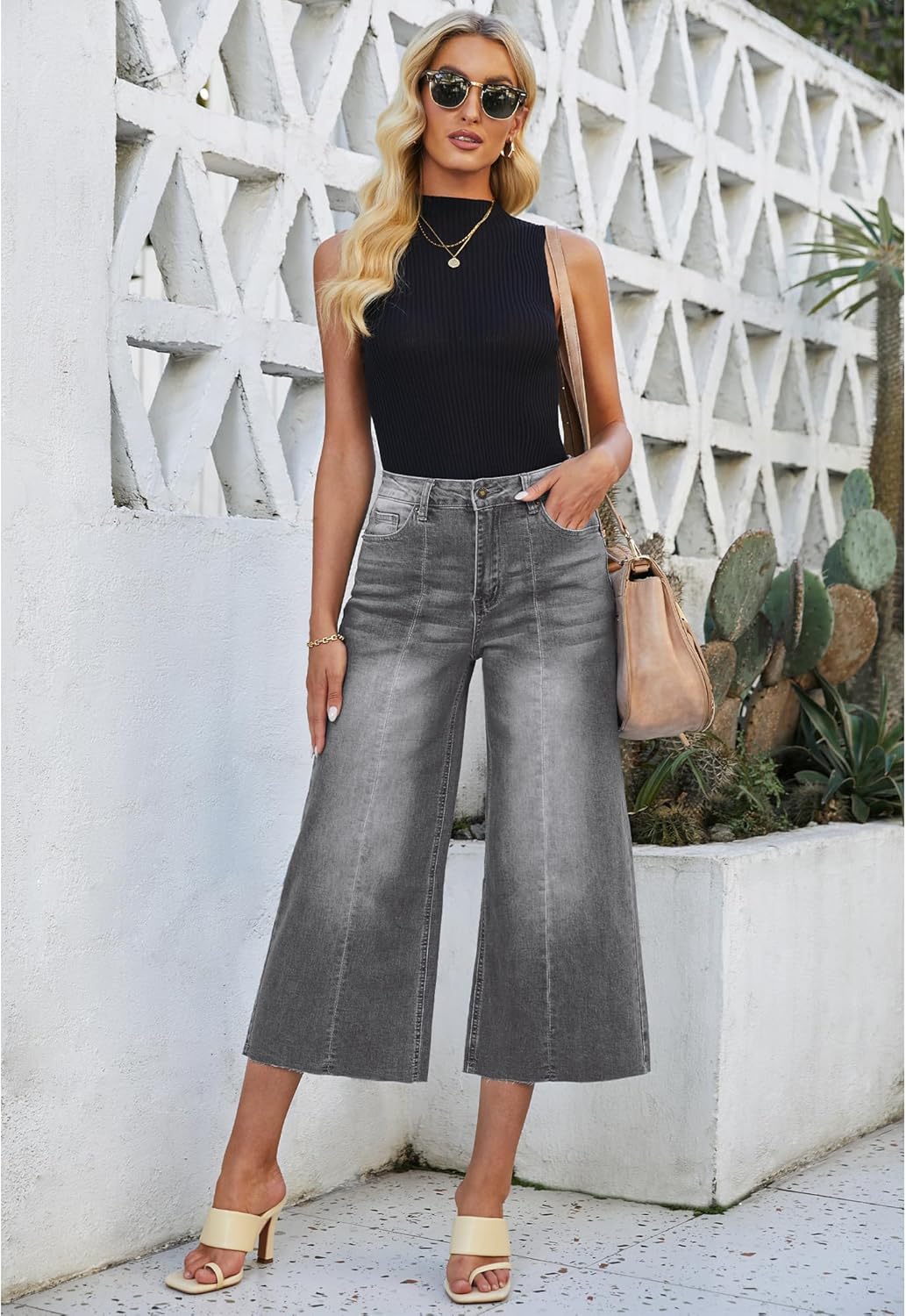 luvamia Wide Leg Capris Jeans for Women Trendy High Waisted Jean Capris Raw Hem Stretchy Denim Cropped Pants - Image 5
