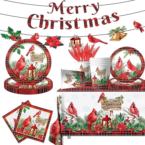 Platos de Navidad y servilletas de desecho, vajilla de pájaro cardenal de Navidad, platos rojos con flor de pascua, búfalo a cuadros, vajilla