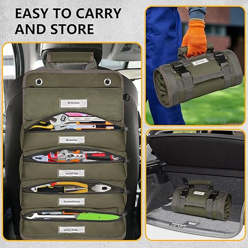 Miniatura 5 de Organizador de bolsa de herramientas enrollable con bolsas desmontables, almacenamiento de herramientas plegable portátil resistente con 5 bolsillos