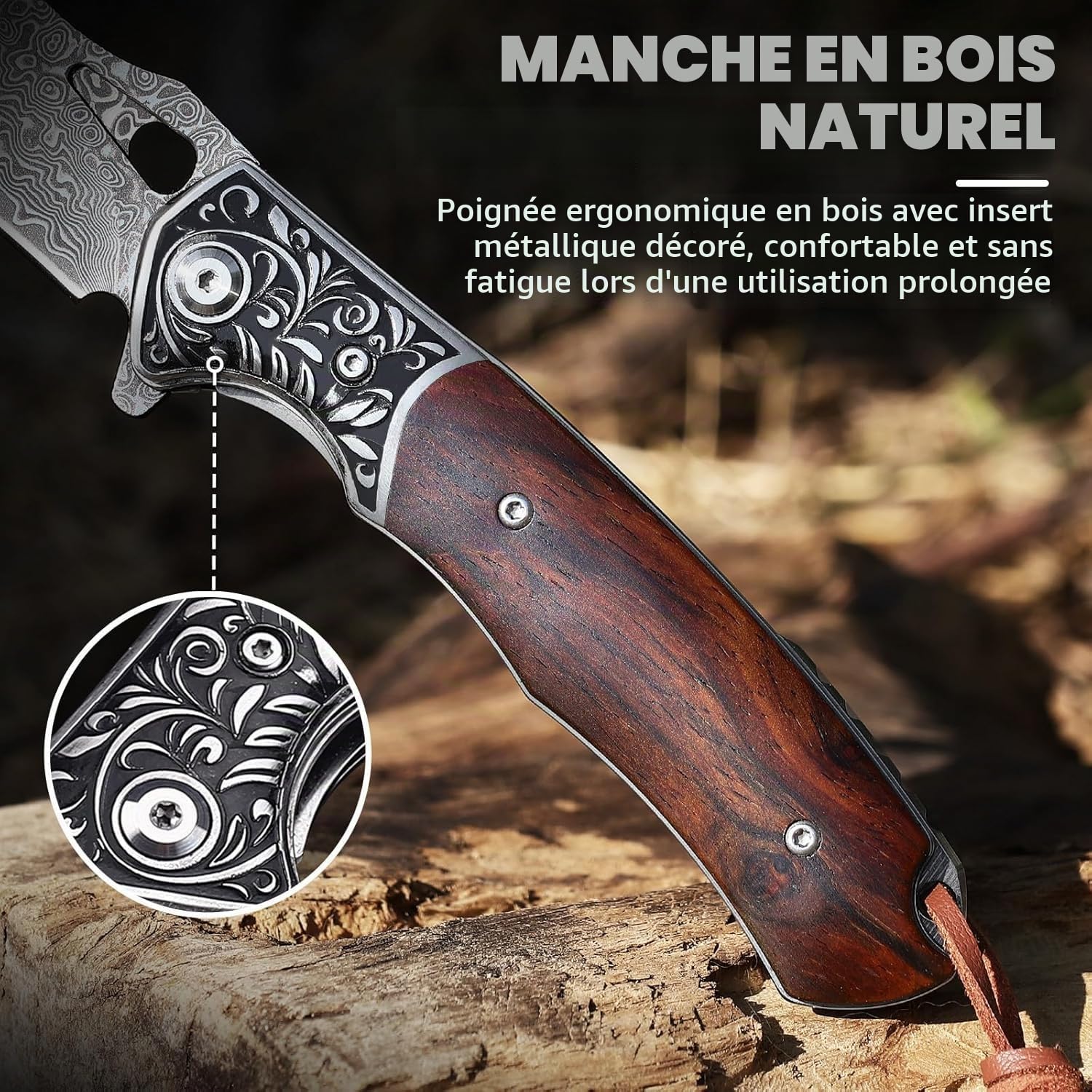 Omesio Couteau Pliant EDC Damas VG10 Manche Bois Étui Cuir | Lame tranchante acier Damas VG10, manche bois élégant. Idéal camping, randonnée, cadeau homme original.